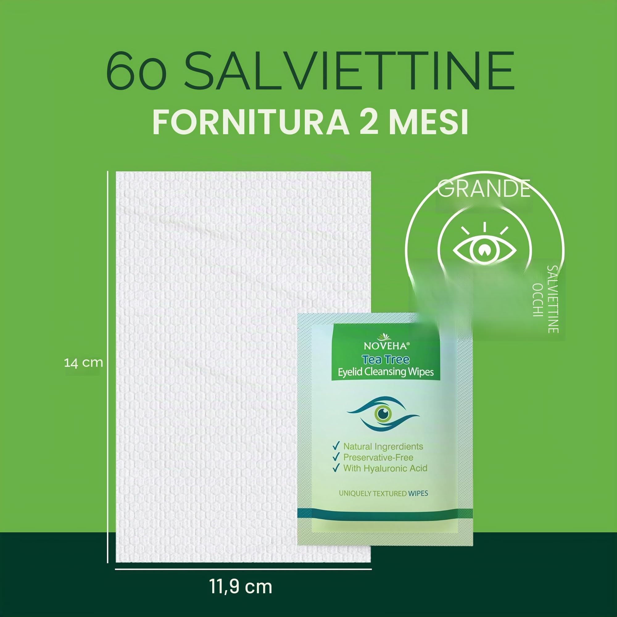 NOVEHA 180 salviette per palpebre e ciglia all'olio dell'albero del tè, con acido ialuronico, tè verde e camomilla, per blefarite e prurito agli occhi, salviette per ciglia confezionate singolarmente