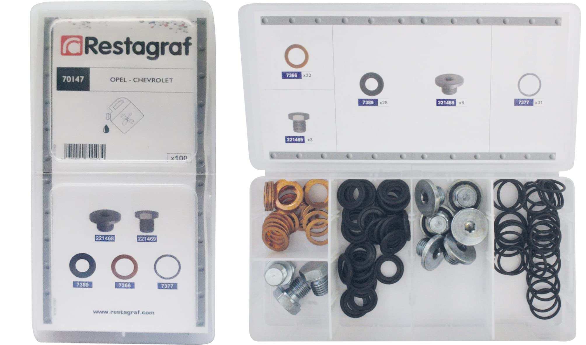 Restagraf - Coffret de Bouchons et Joints de Vidange Constructeur Compatible avec Opel - Assortiment Atelier - Idéal Interventions Courantes - Réf. 70147 - Coffret de 100 pcs