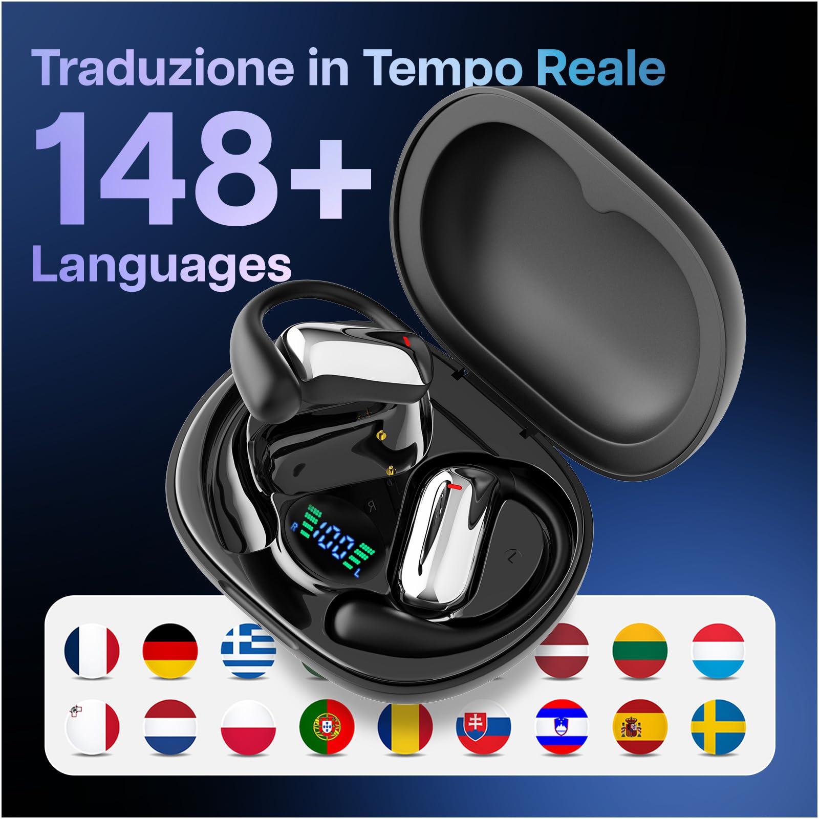 MMOBIEL Auricolari AI Traduzione in Tempo Reale Traduttore Bluetooth con 148 Lingue & App - Auricolari Open-Ear – 90 ore Standby, 400 mAh – Musica, Chiamate, Traduzione, Viaggi, Business, Studio