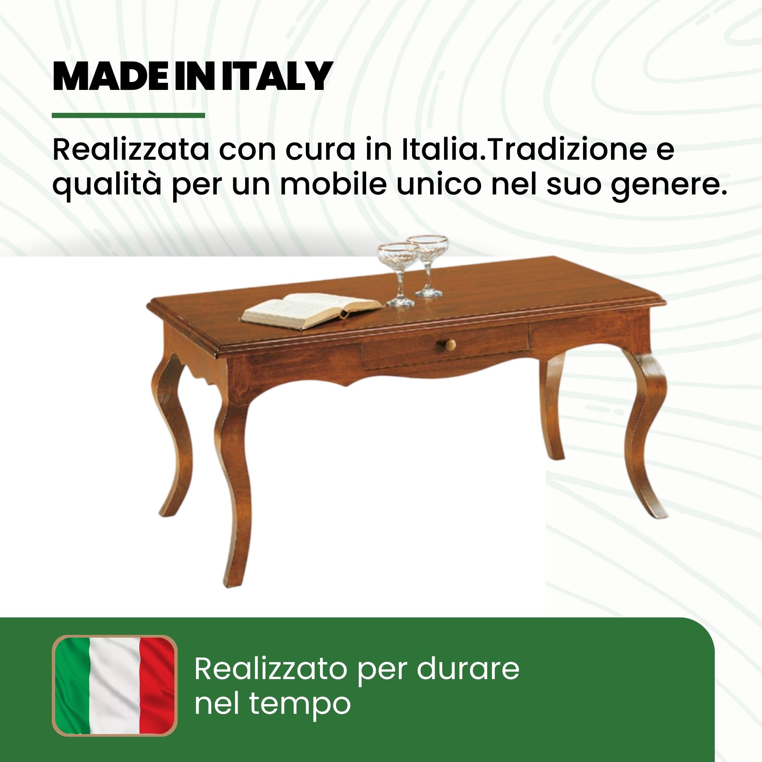 Mar.c.a. Design - Tavolino Rettangolare con Cassetto e Gambe Curve - Tavolino Legno Salotto 100x50x45 cm in Stile Arte Povera - Made in Italy