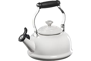 Le Creuset Enameled Steel White Whistling Tea Kettle with Metal Slogan