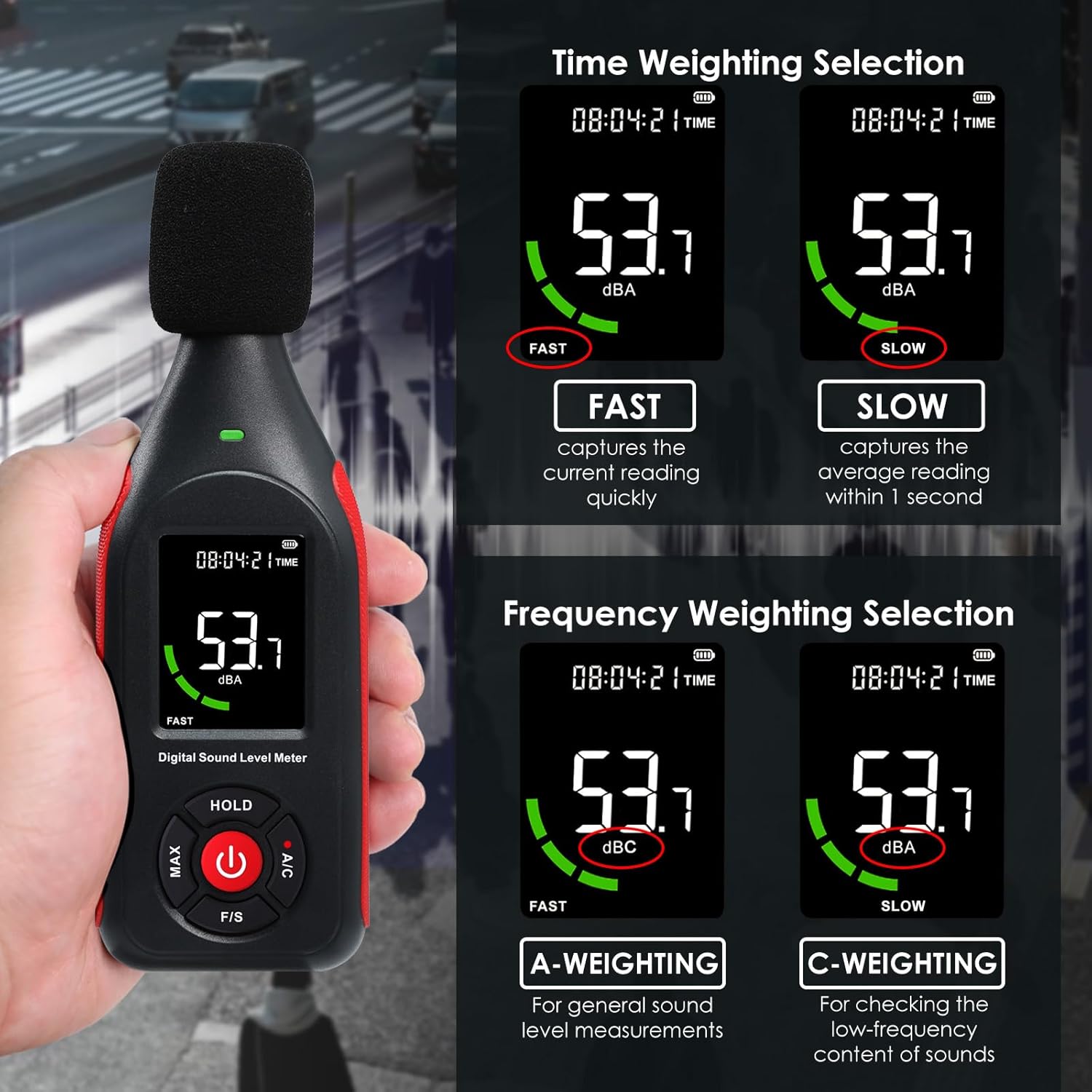 Decibel Meter Sound Level Data Logger, Portable SPL Meter Noise Monitor with Data Logging & Graph Printing, A/C Weighted, 30~130dB, Fast/Slow, MAX, Data Hold, 3-Color Alarm for Noisy Neighbor Factory