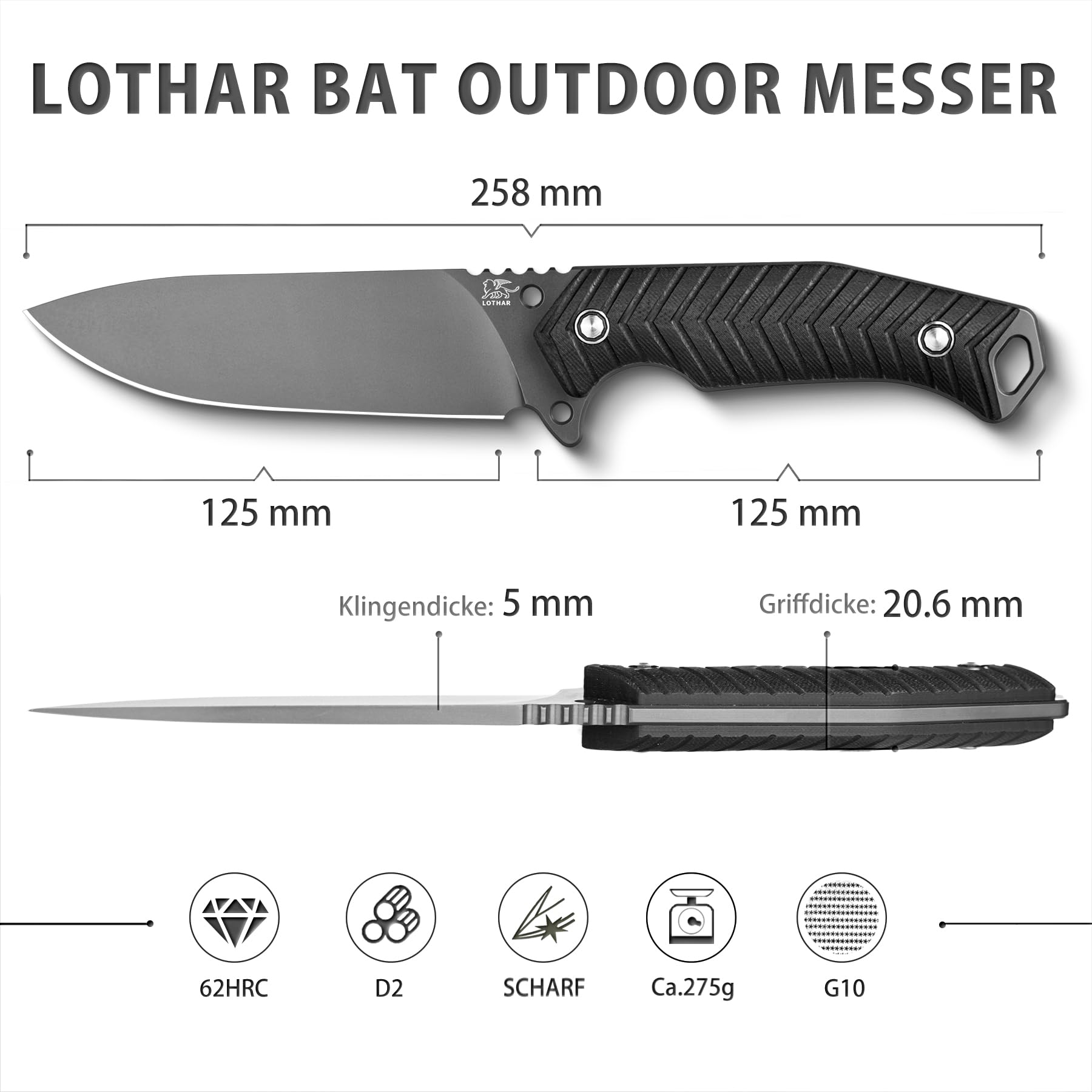 LOTHAR BAT Cuchillos de Hoja Fija, Couteau D'extérieur de Survie en Acier D2 avec Poignée en G10 et Étui Kydex, Idéal pour les Amateurs de Couteaux de Chasse en Plein Air