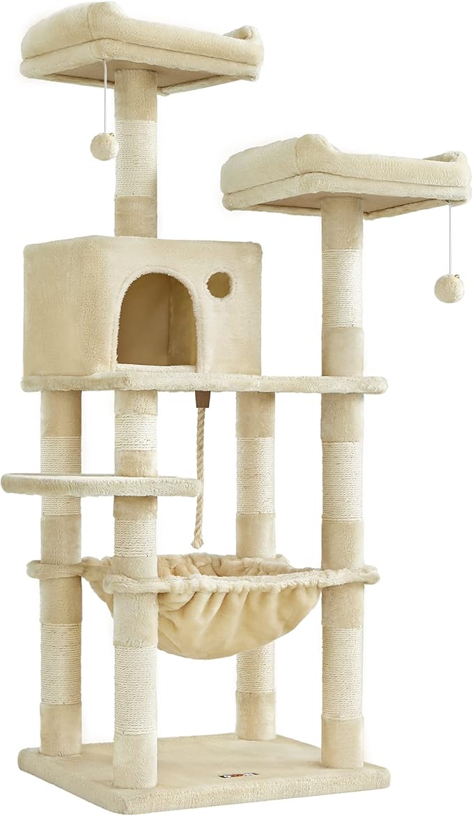 FEANDREA Cat Tree, Stable Cat Tower, 2 Plush Perches, 143cm, Beige PCT15BE Amazon.co.uk Pet