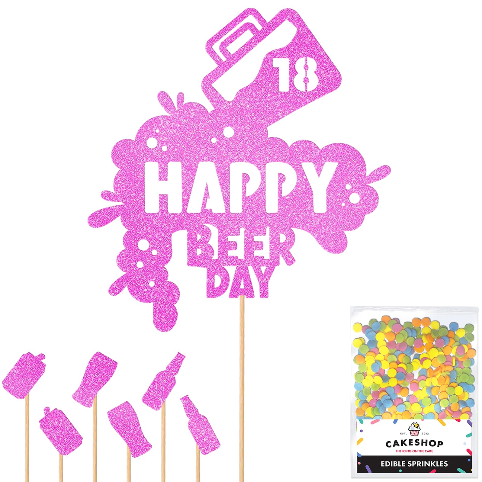 Personalised Happy Beer Day Glitter Cake Topper - Light Pink Custom Age Glitter Cake Decoration and Sprinkles - Happy Birthday Decorations - Personalised Toppers for Cakes by Cakeshop — image 1