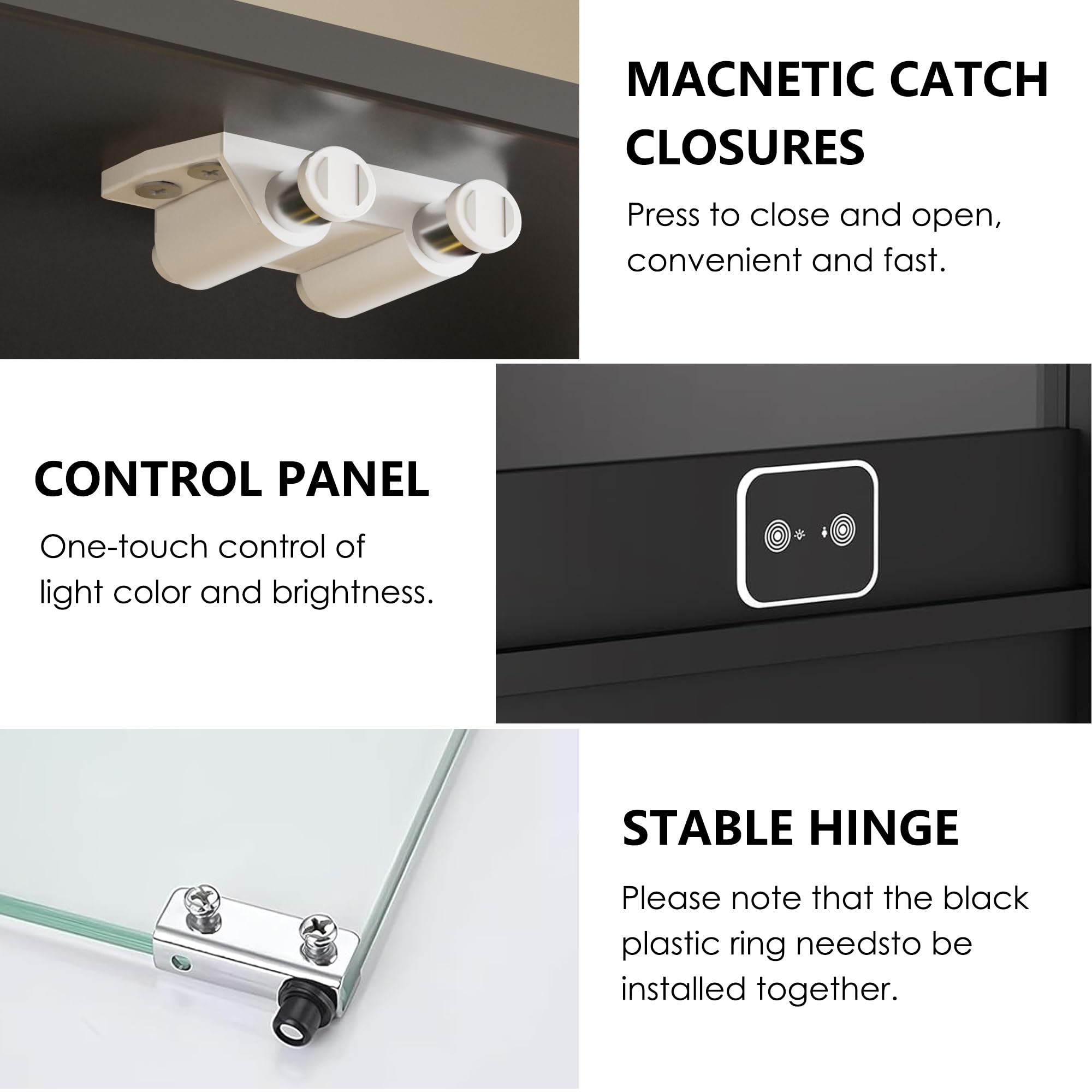 MSFE Glas Vitrinenschrank mit LED, Schaukasten Vitrine mit Intelligente Sensorik, 4 Lagen Glasvitrine Staubdicht, Sammlervitrine Schwarz, für Wohnzimmer, Schlafzimmer, Büro, Jede Schicht trägt 15 kg