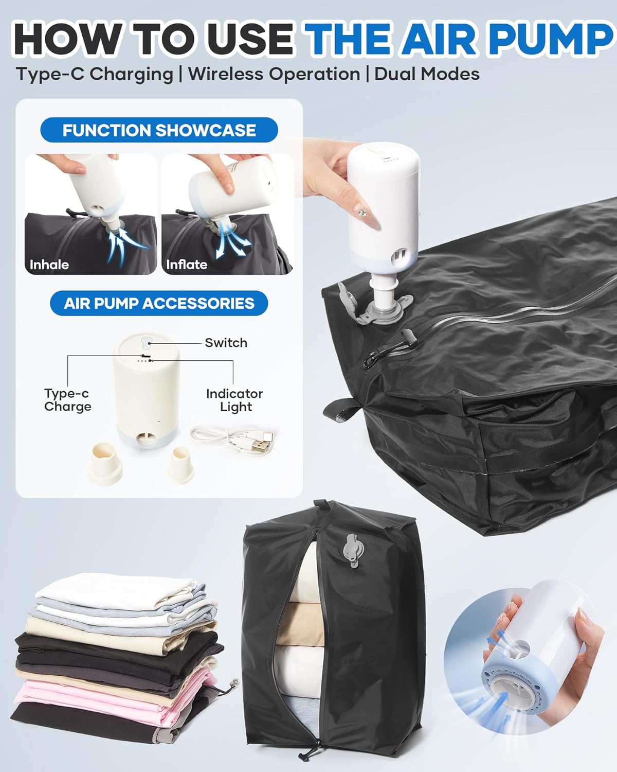 Vacuum Seal Bags for Clothing Travel Vacuum Bag with Electric Pump, Carry on Luggage Compression Bags for Packing, Weekender Personal Item Overnight Tote Bags for Women Men for Airlines