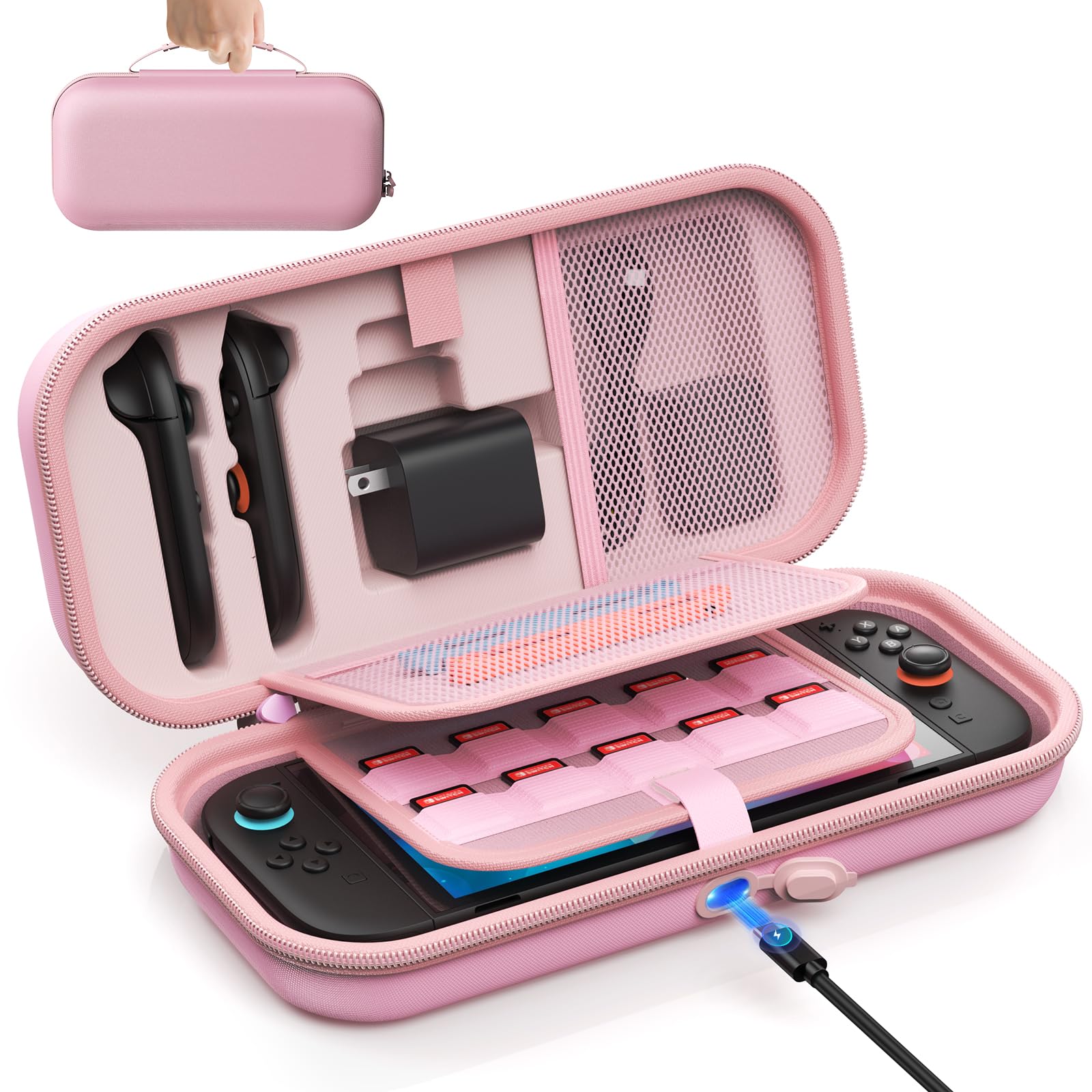 [Ladung Innen] Tasche für Nintendo Switch 2/OLED/Original, Große Harte Schutzhüllen Tasche für Adapter und Joy-pad Aufbewahrung, Reisetasche für Switch 2 Konsole mit 22 Spielkartenfächern, Rosa