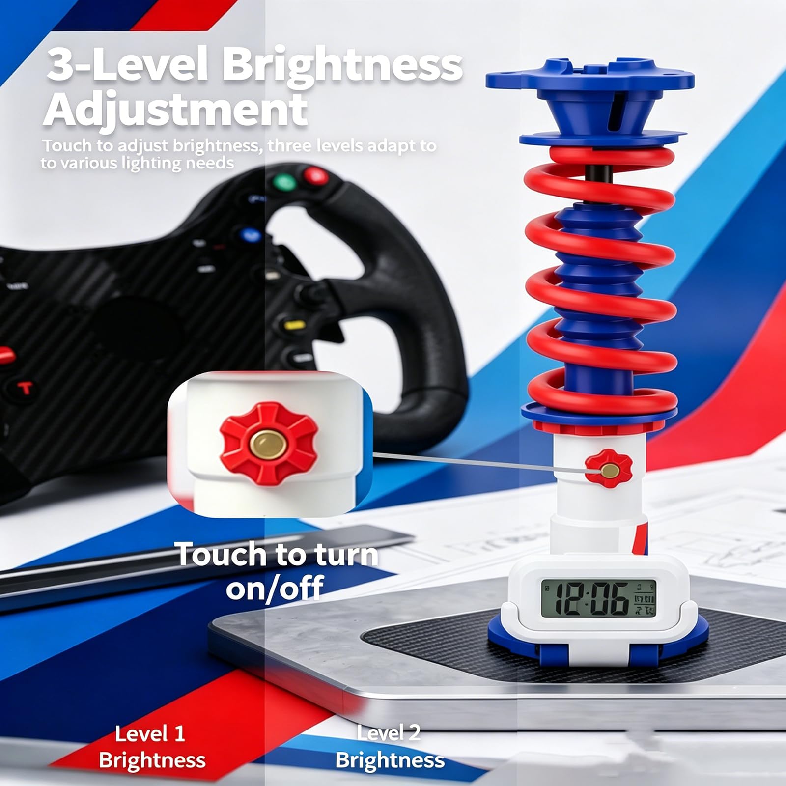 Lámpara De Escritorio Led con Forma De Amortiguador, con Reloj Digital, Regulable Mediante Tacto, Iluminación Envolvente De 360°, Lámpara Decorativa para Videojuegos, A