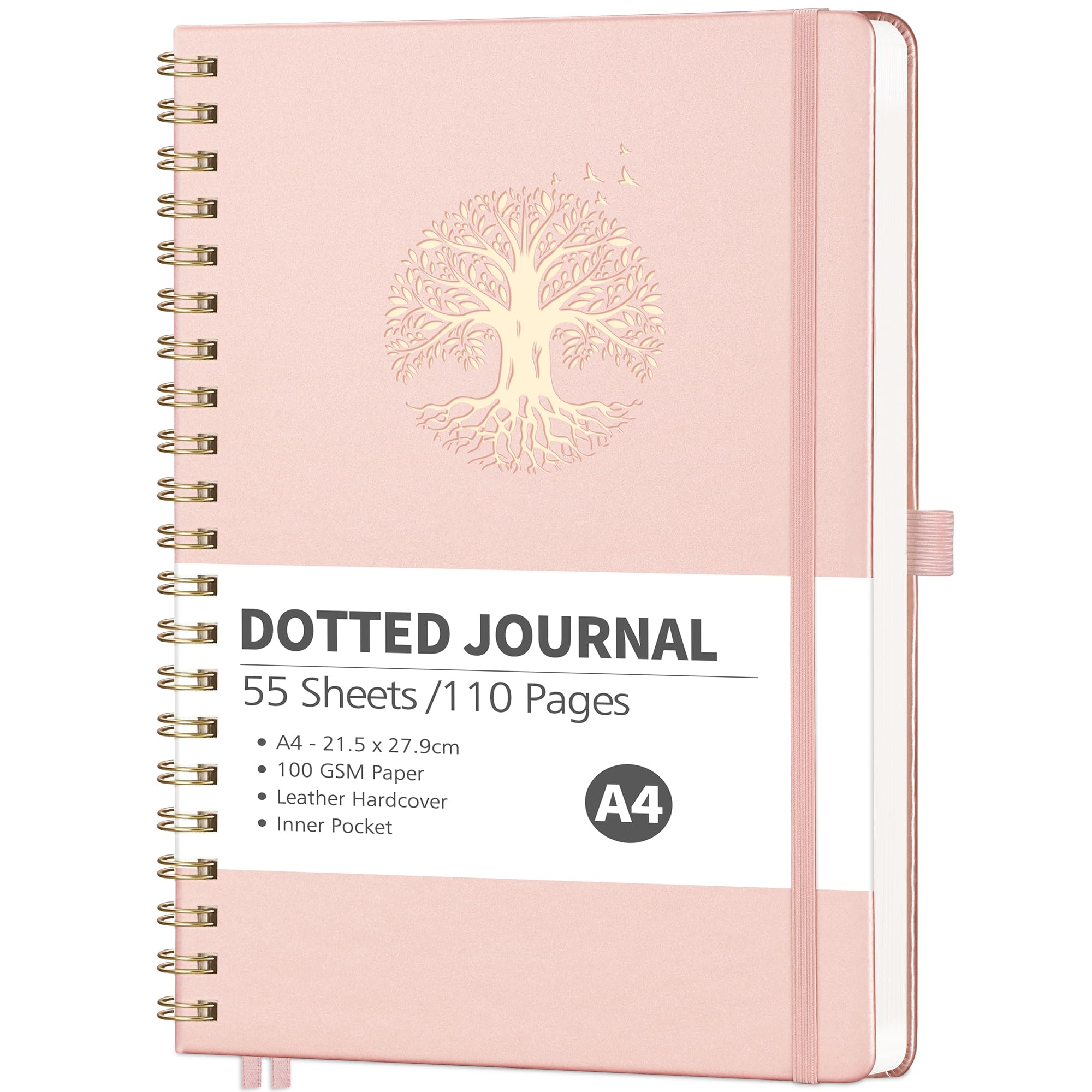 RETTACY A4 Spiral Notebook, Dotted Journal, 110 Pages, RoseGold