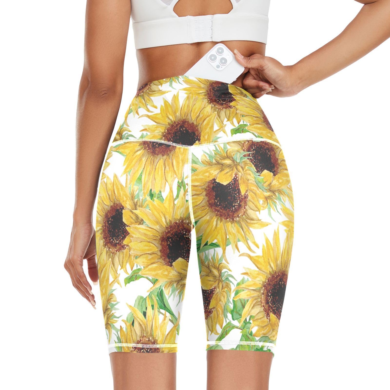Linomo Women's Multicoloured High Waist Yoga Shorts, Vintage Sunflower Workout Running Shorts Gym Cycling Shorts Yoga Leggings For Girls