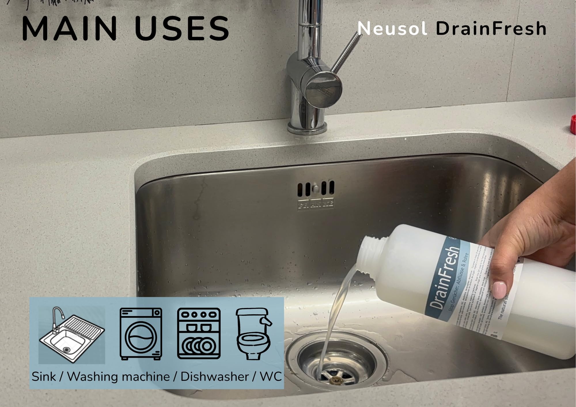 DrainFresh – skuteczny i natychmiastowy neutralizator zapachów, do zbiorników, odpływów i rur, do użytku w domu, hotelu i kamperze, naturalna i bezpieczna formuła – 5 l
