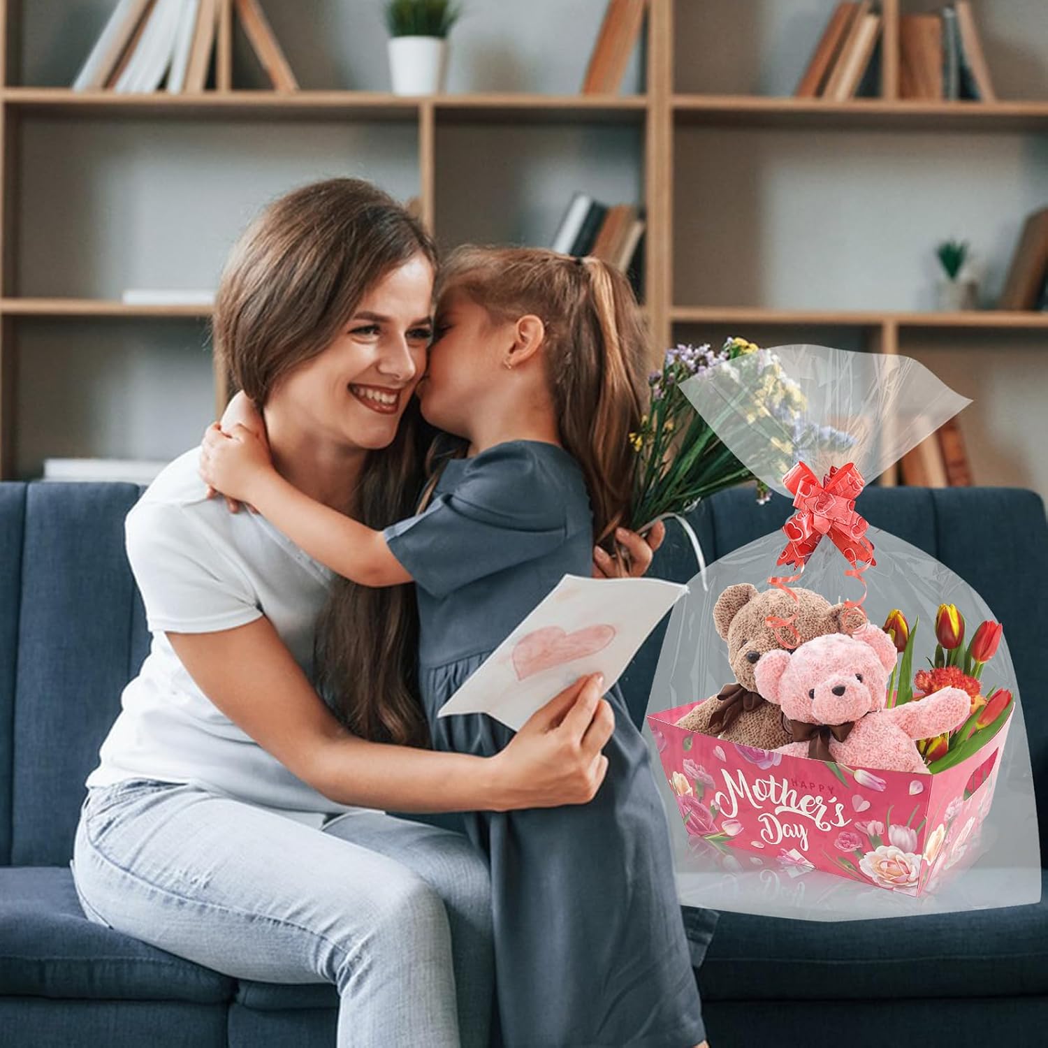 CIEOVO 24 Set Happy Mothers Day Baskets for Gifts Empty with Cellophane Basket Bags Bows, Happy Mother's Day Market Tray Cardboard Basket to Fill for Best Mom I Love You Mom Birthday Party Decor
