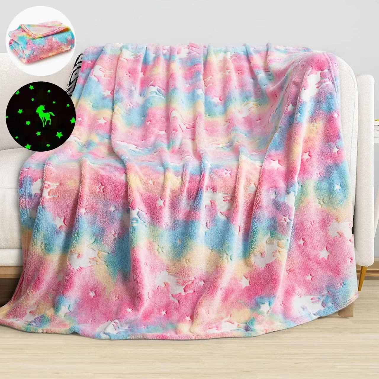 Manta de Unicornio - 120 x 150 cm Manta que Brilla Oscuridad, Mantas Infantiles Cálidas y Mullidas para Niños de 1 a 10 Años - Manta para Sofá, Cama, Viaje, Sala de Estar (Colorido, 120 x 150cm)
