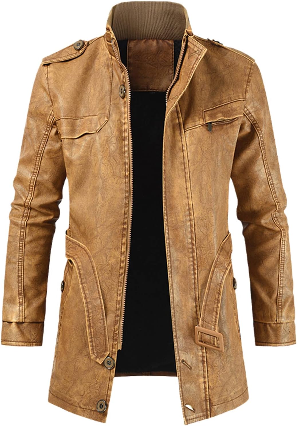 Men Winter Long Thick Fleece Leather Parkas, Outfit Warm Casual Vintage Faux Leather Jacket Coat