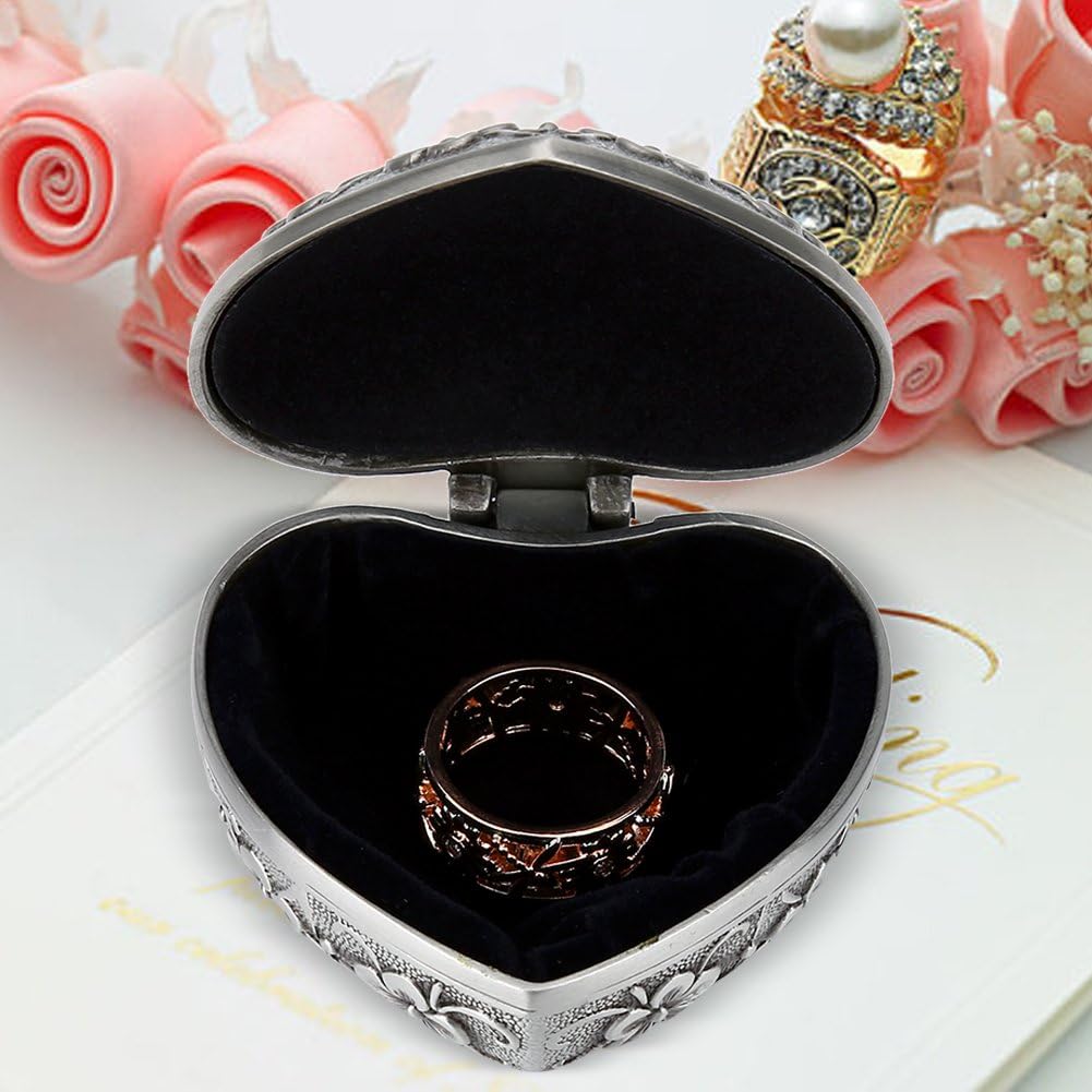 Walfront Elegant Vintage Heart Shape Ring Box Small Trinket Jewelry Storage Organizer Gift for Women Girls Silver