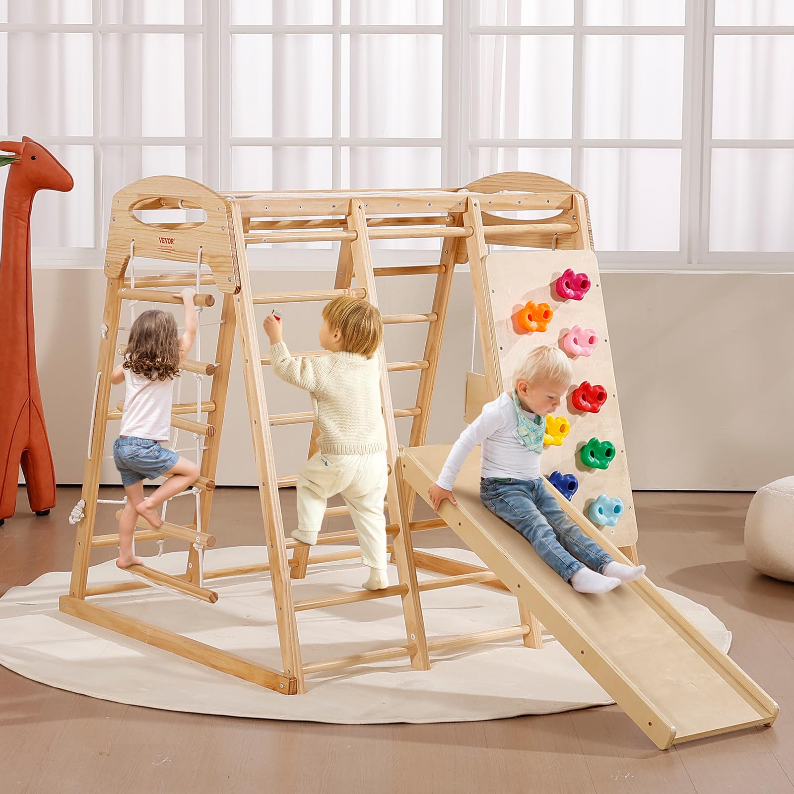 VEVOR Parque Infantil de Interior, Gimnasio de Interior para Niños de Madera, Multifunción con Juguetes de Escalada Tobogán Columpio Barras de Mono Escalera de Malla, Conjunto de Juegos para Niños
