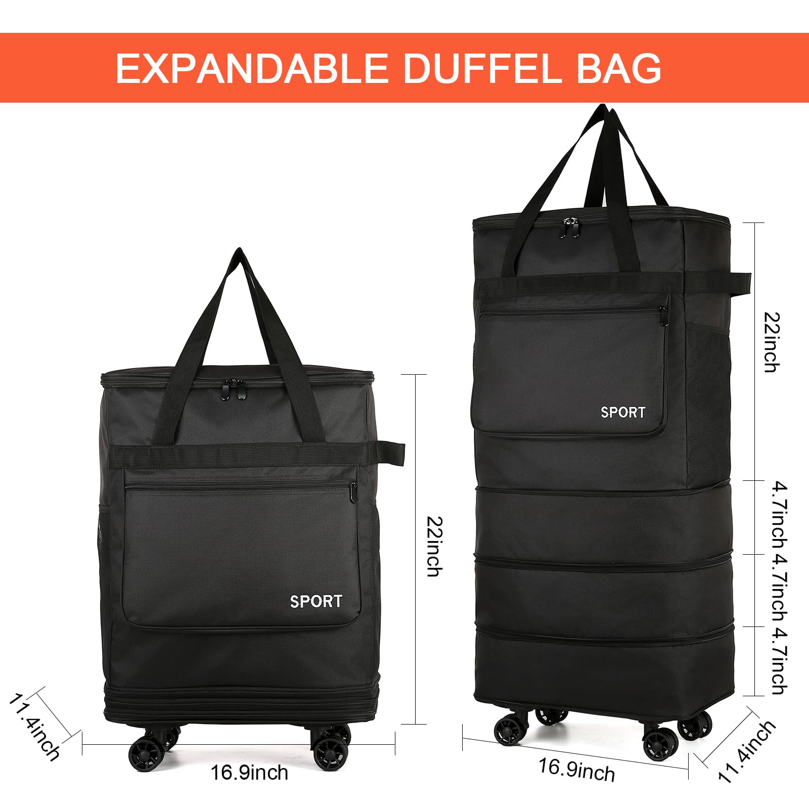 Faltbare Reisetasche Mit Rollen groß, Erweiterbar, Wasserdicht, Zusammenklappbar, Handgepäck Tasche, Reisetasche Mit Rollen und Griff, Schwarz