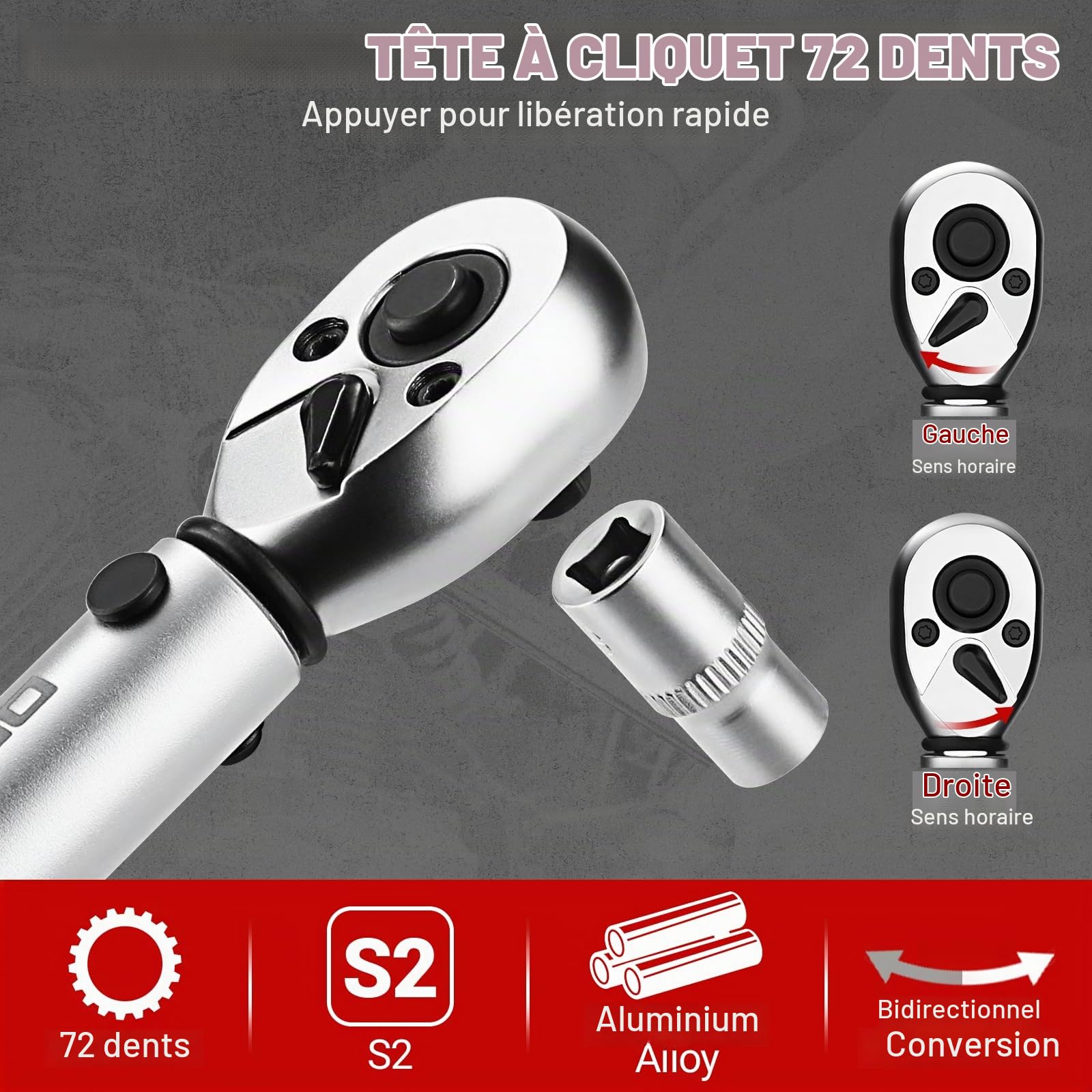 DEKOPRO Clé dynamométrique 1/4" 200 lb-in Clés Dynamométriques 72 Dents ±3%, 3/8" Adaptateur, Joint Universel et Ensemble Complet d'Accessoires