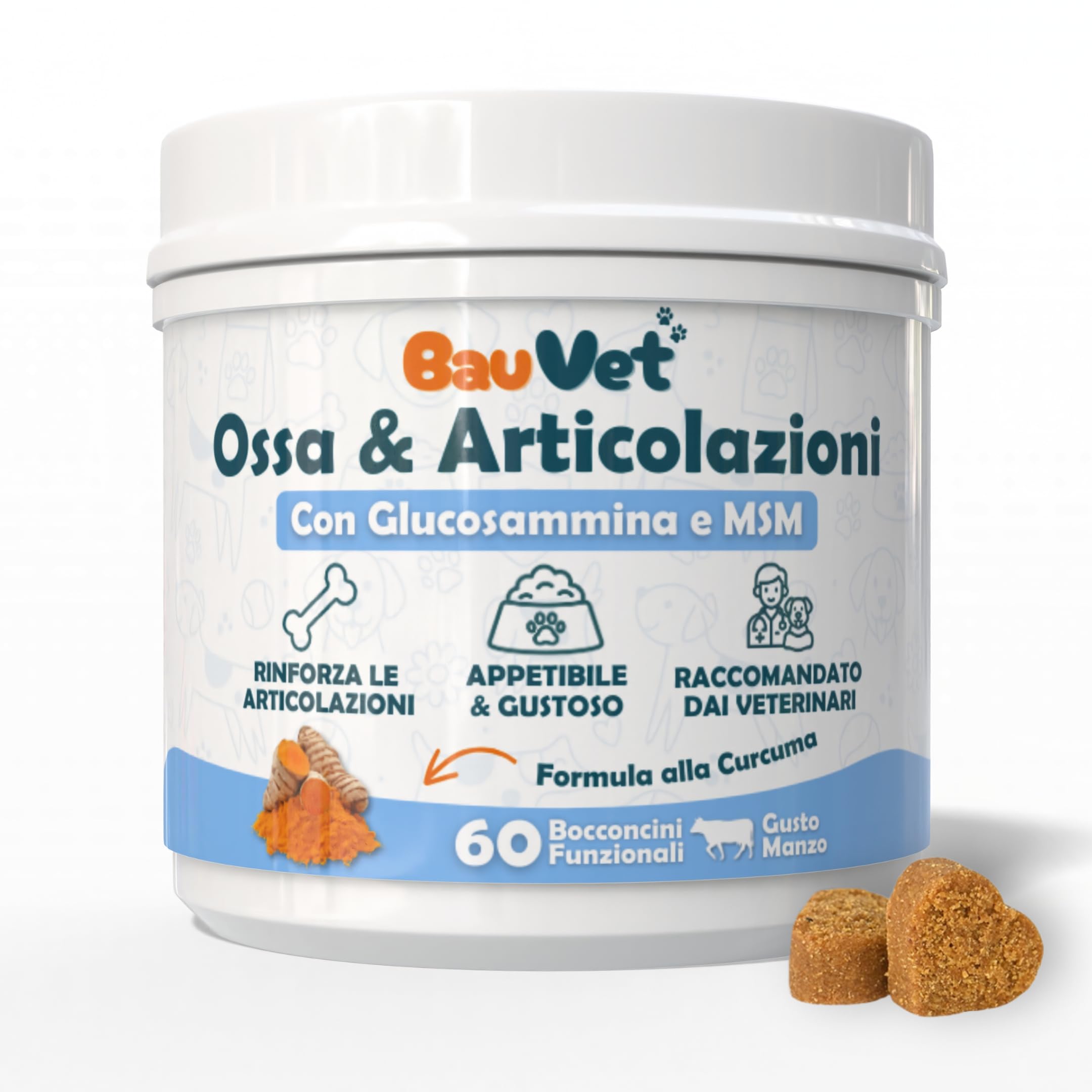Integratore Articolazioni per Cani | 60 Bocconcini Naturali al Gusto Manzo | Supporto per Mobilità, Cartilagini, Articolazioni e Ossa | Con Glucosamina, Condroitina, MSM e Curcumina
