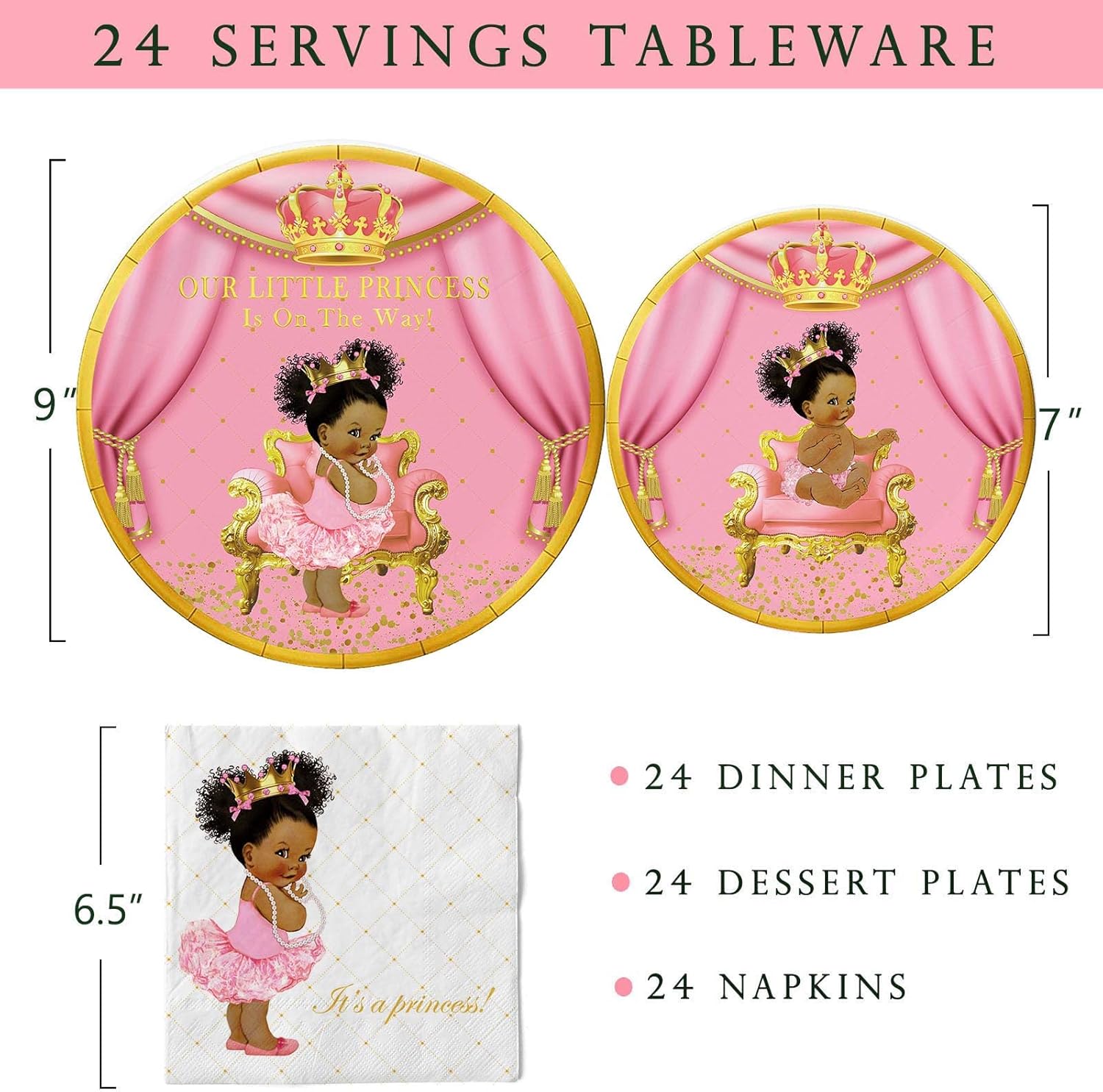 Yuzioey 266pcs Royal Princess Baby Shower Decorations, Black Princess Baby Shower Supplies, Gold Pink Balloon Garland Kit, Disposable Dinnerware (Serve 24 Guests) Plates, Napkins, Backdrop,Tablecloth