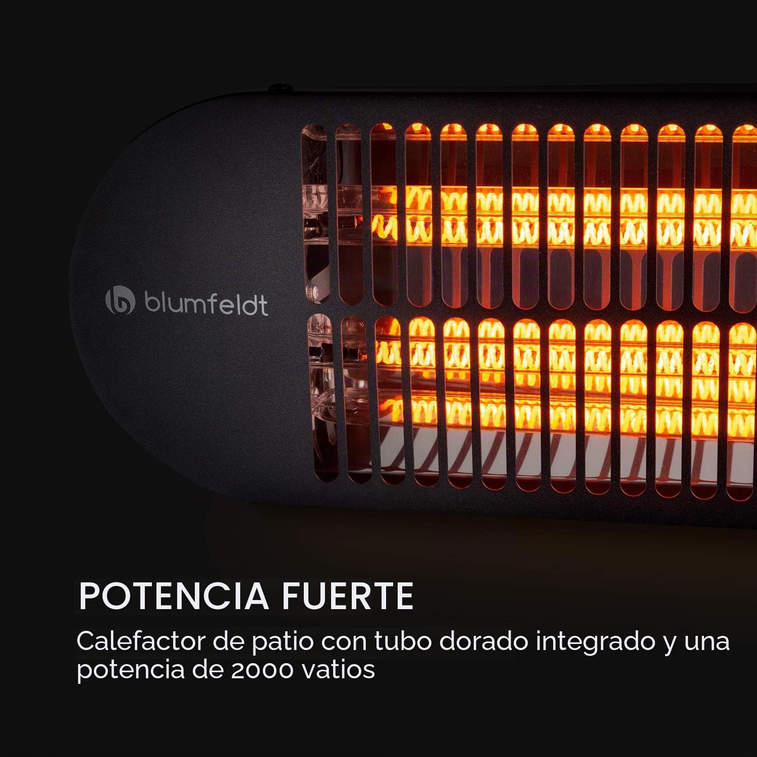 blumfeldt Gold Bar 2000 Swing - Calefactor infrarrojo, Automático, Hasta 40 m², Horizontal con oscilación a 60°, Potencia de 2000 W, 3 niveles de calor: 800/1200 / 2000 W, Mando a distancia, Negro