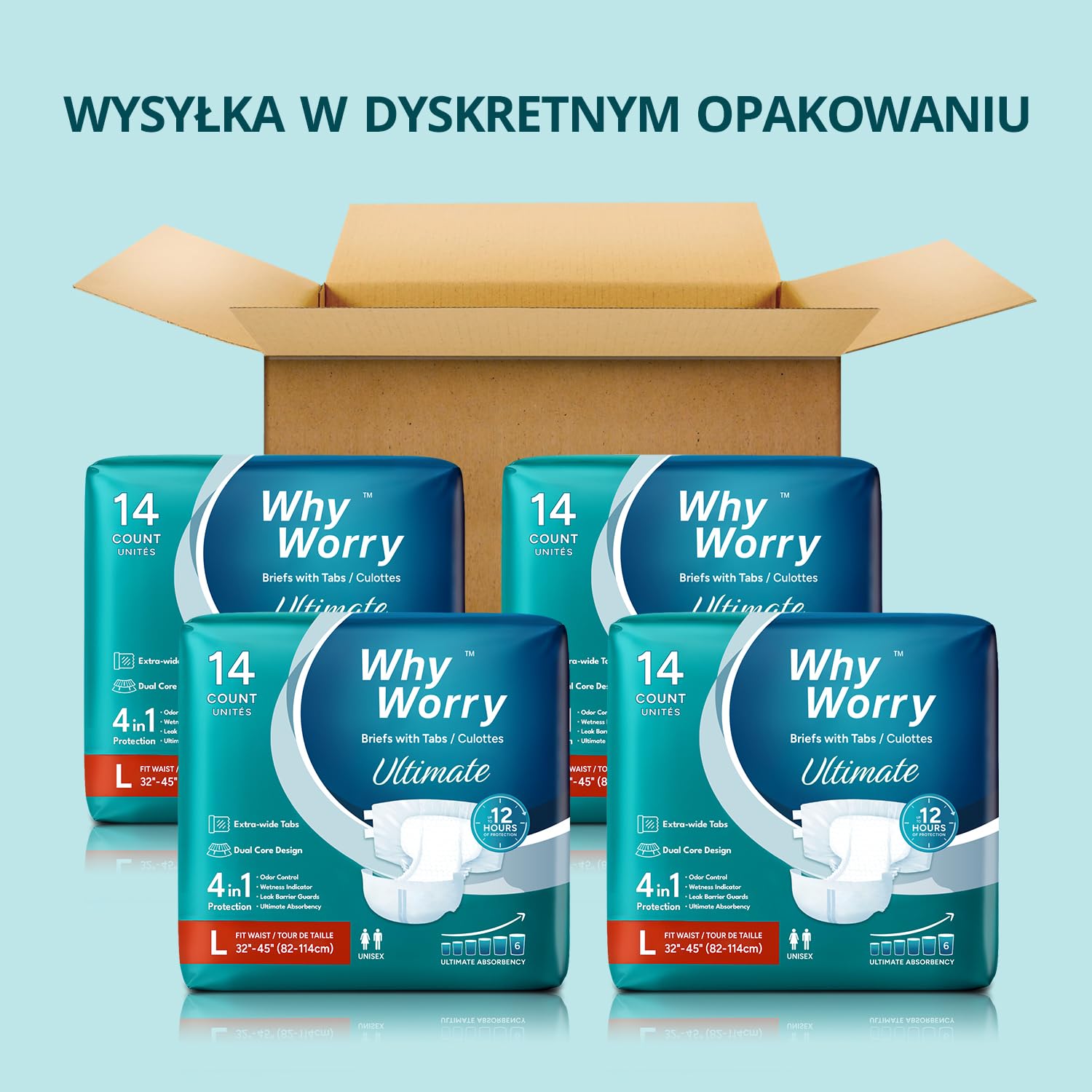 WHYWORRY Ultimate pieluchy dla dorosłych, majtki inkontynencyjne dla kobiet i mężczyzn, pielucha dla dorosłych z ostateczną zdolnością wchłaniania, ochrona przed wyciekaniem na noc, rozmiar L, 56