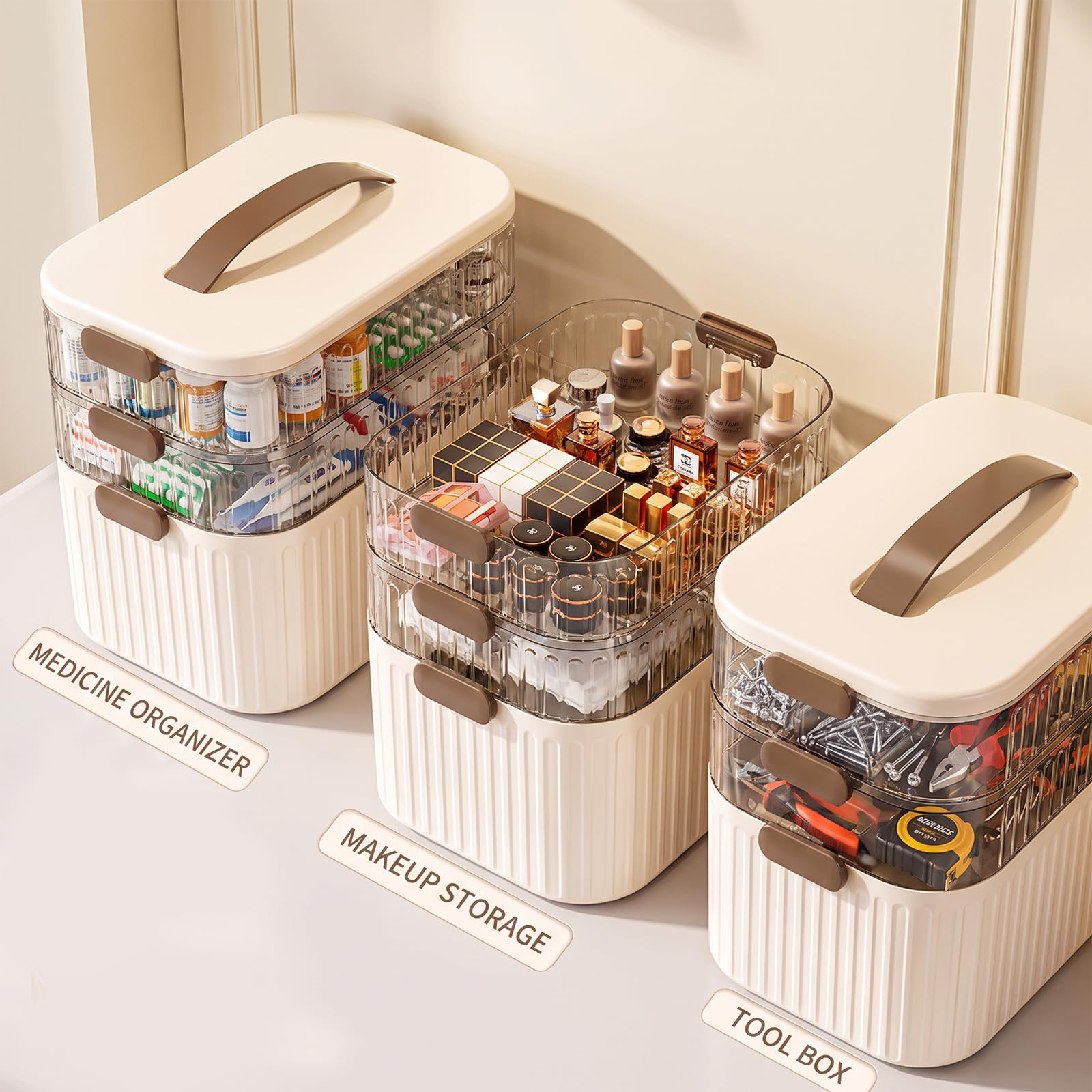 Scatola portaoggetti per medicinali, organizer multiuso a 3 strati, con maniglia portatile e chiusura a fibbia di sicurezza, grande organizer da scrivania per primo soccorso, per casa, ufficio, auto