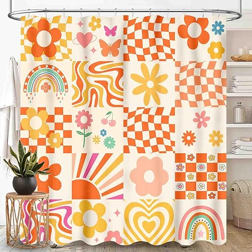 Miniatura 15 de Cortina de ducha con diseño floral hippie, estilo retro de los años 70, diseño de margaritas naranjas, bonitas, estéticas, bohemias, divertidas,