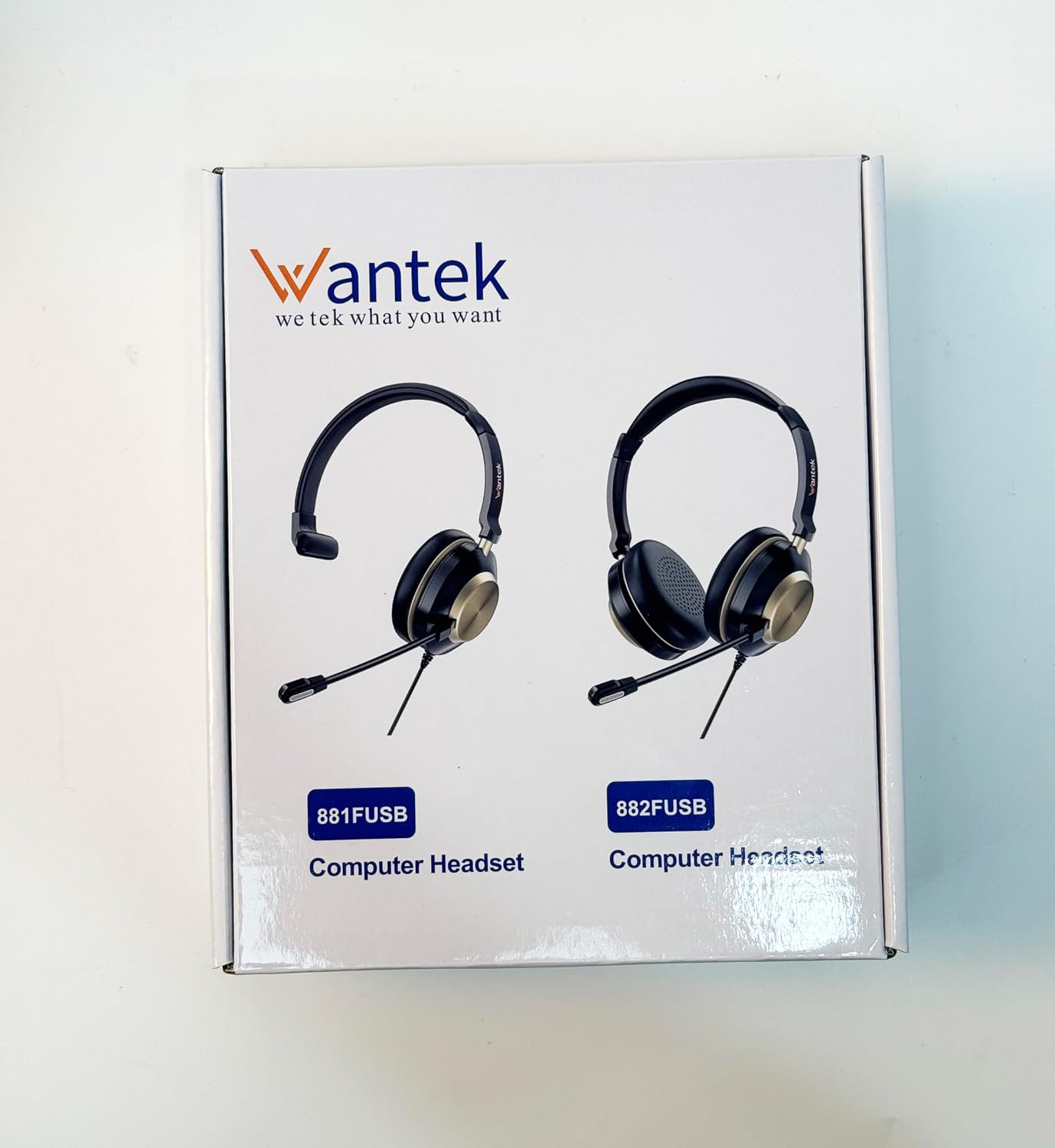 Front view of the Wantek headset product box, showing the 881FUSB model.