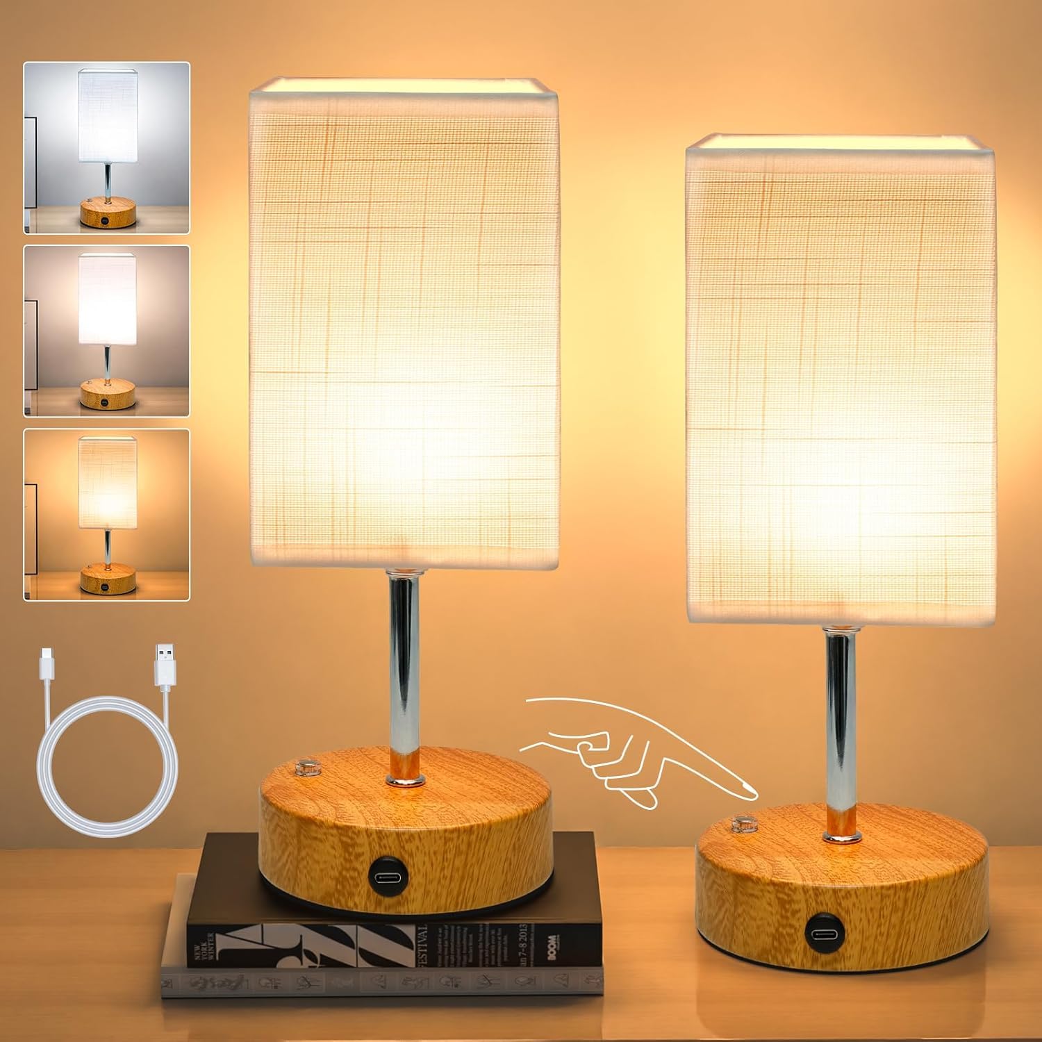 6000mAh Bedside Lamps, 10.8" Touch Control Rechargeable Table Lamp with Wood Grained Base & Fabric Lampshade, Dimmable Minimalist Wireless Battery Lamp for Living Room Bedroom Office Decor (2)