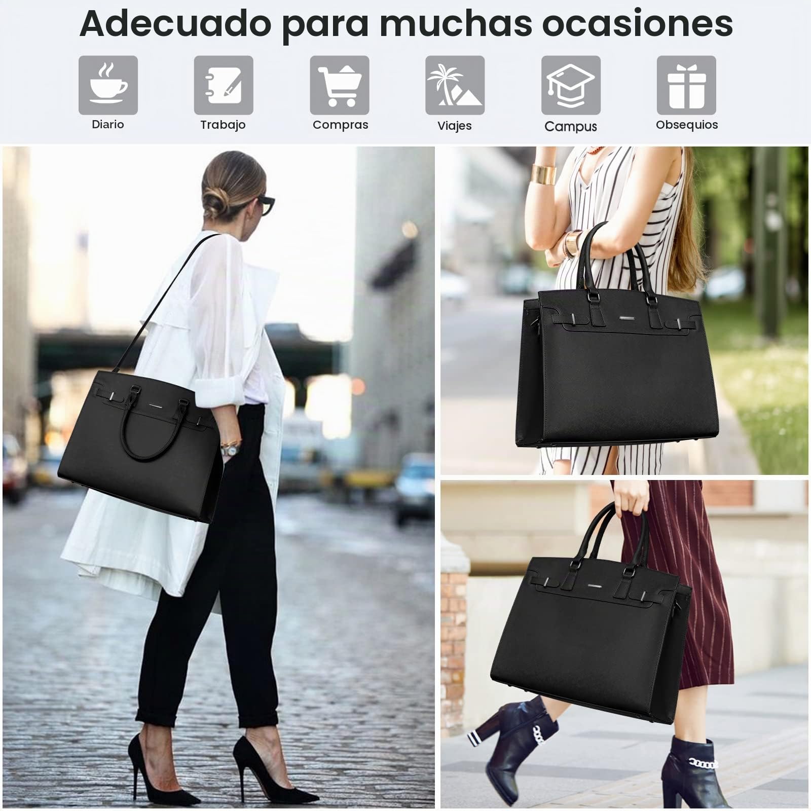 IGOLUMON Bolso de Mujer Grande Bolso Universidad Mujer Cuero PU Bolso Portatil Mujer 15.6 Pulgadas para Ordenador Impermeable Shopper Bolso Tote Negro