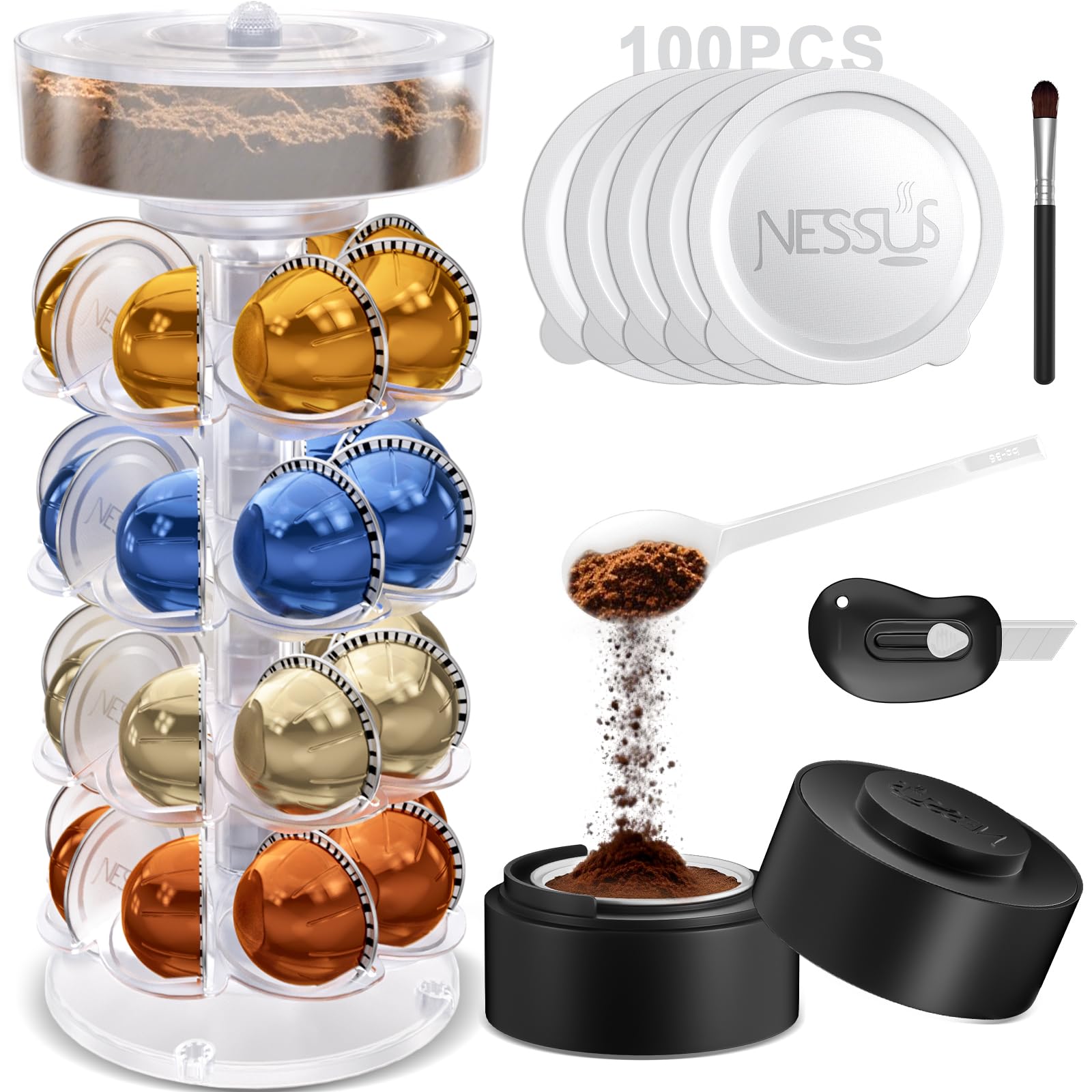 Kit de cápsulas reutilizables para cápsulas Nespresso Vertuo, soporte para cápsulas de café con herramienta Vertuo recargable y 100 tapas de aluminio