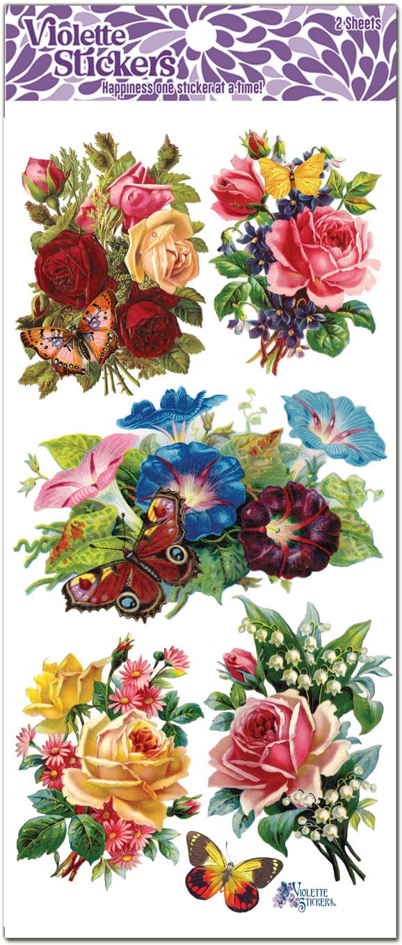 Violet Stickers - Butterflies & Roses Wall Decor - Colorful, Waterproof Butterfly & Flower Stickers for Crafts & Scrapbooking