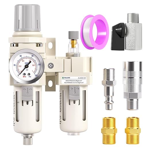 TAILONZ PNEUMATIC 3/8 Inch NPT Air Filter Pressure Regulator Water/Oil Trap Separator Combo(0-145PSI),Air Tool Compressor Filter with Gauge AC3010-03(Manual Drainage)