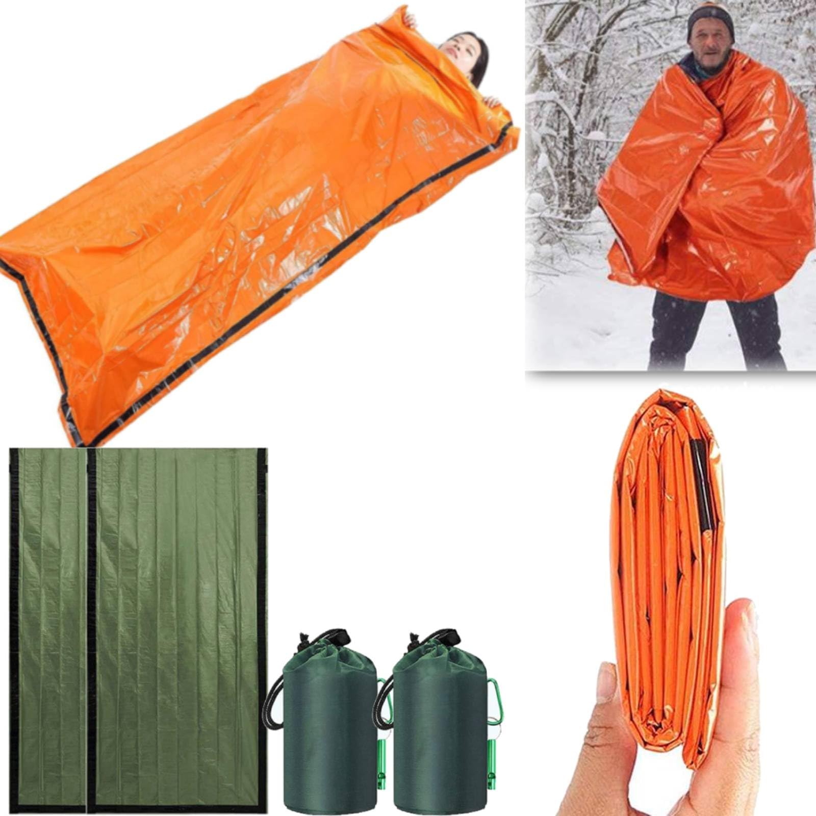 Survival Sleeping Bag, Pocket Size Emergency Sleeping Bag, Emergency Bivvy Bag Emergency Rescue Blanket Reusable for Outdoor Camping, Hiking (2Pcs Green +Whistle)