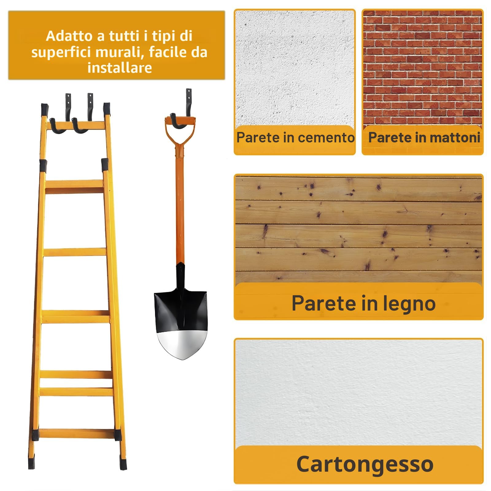 Ganci da Muro per Garage, Gancio a J per Bici, Supporto da Parete Nero per Organizzazione Utensili