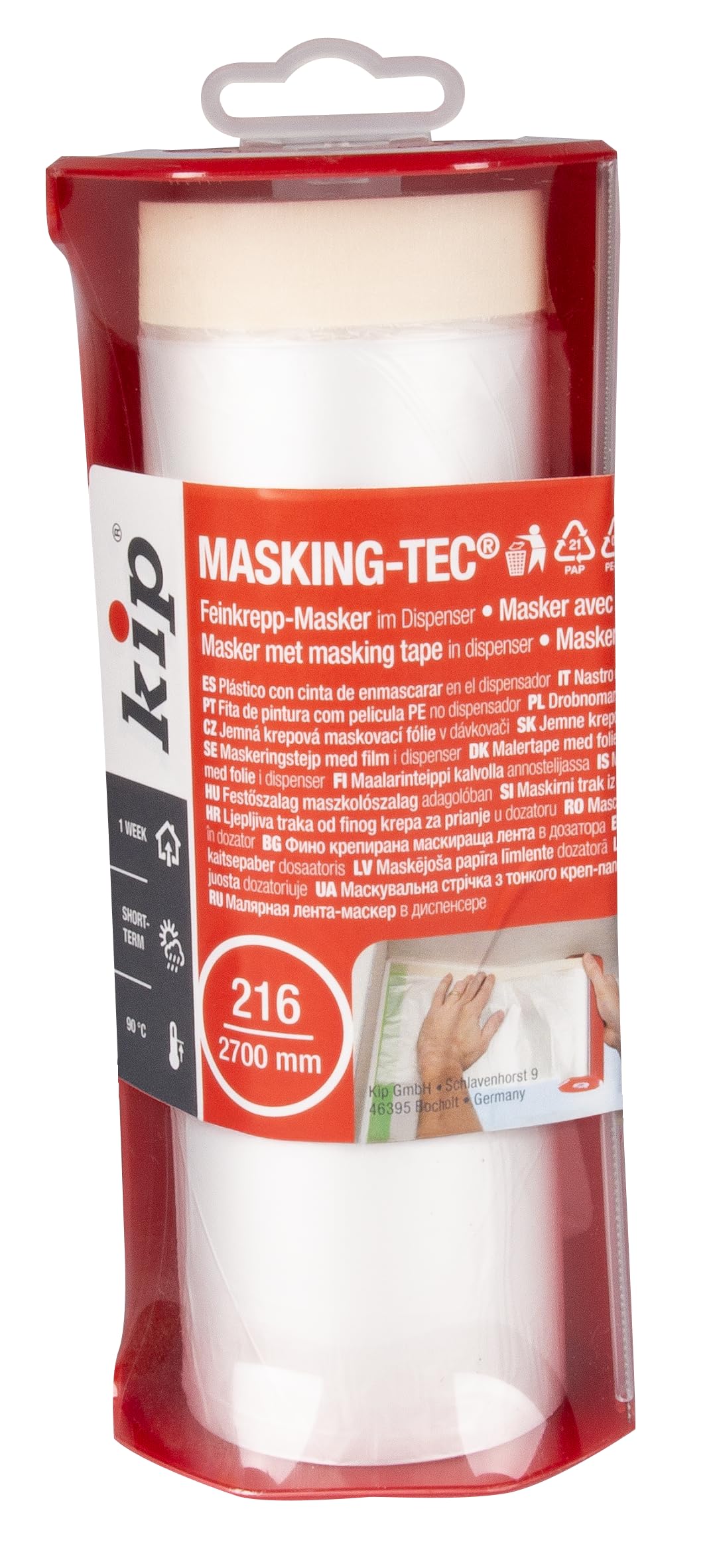 Kip Tape & Drape Dispenser Prefilled with Drop Cloth Painters Masking Film 2700mm x 33m, Masker Masking Tape with Plastic Sheet, Drape for Spraying, Covering, Suitable for Decorating