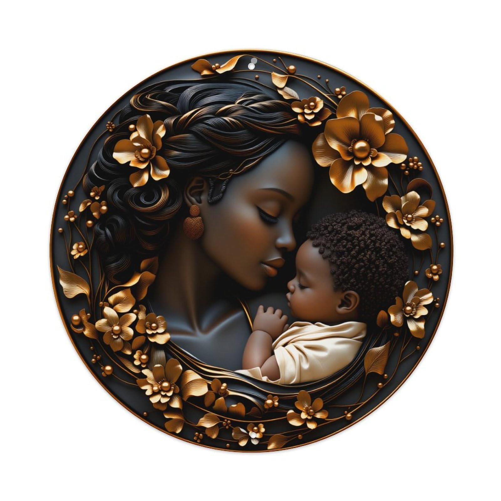 Mother And Child With Golden Flowers And Leaves Round Vintage Tin Sign,Retro Wall Art,Metal Poster for Home, Bar, Garage, Cafe, Rustic Indoor & Outdoor Decor, 8x8 Inches