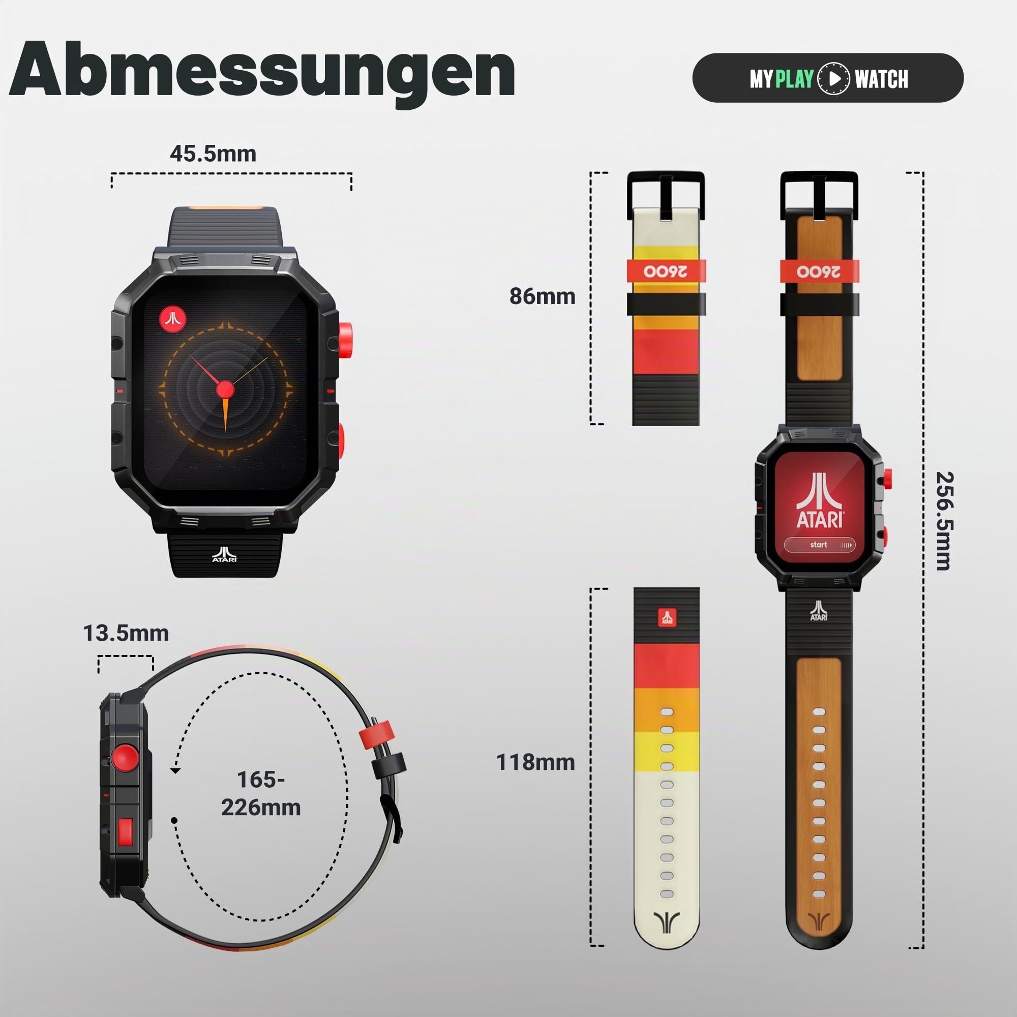 Atari 2600 My Play Watch – Retro-Gaming-Smartwatch mit selektiver Technologie, Nicht verbunden, integriertem Tausendfüßler, Pong, Missile Command, Super-Breakout, Fitness-Tracker, IP68