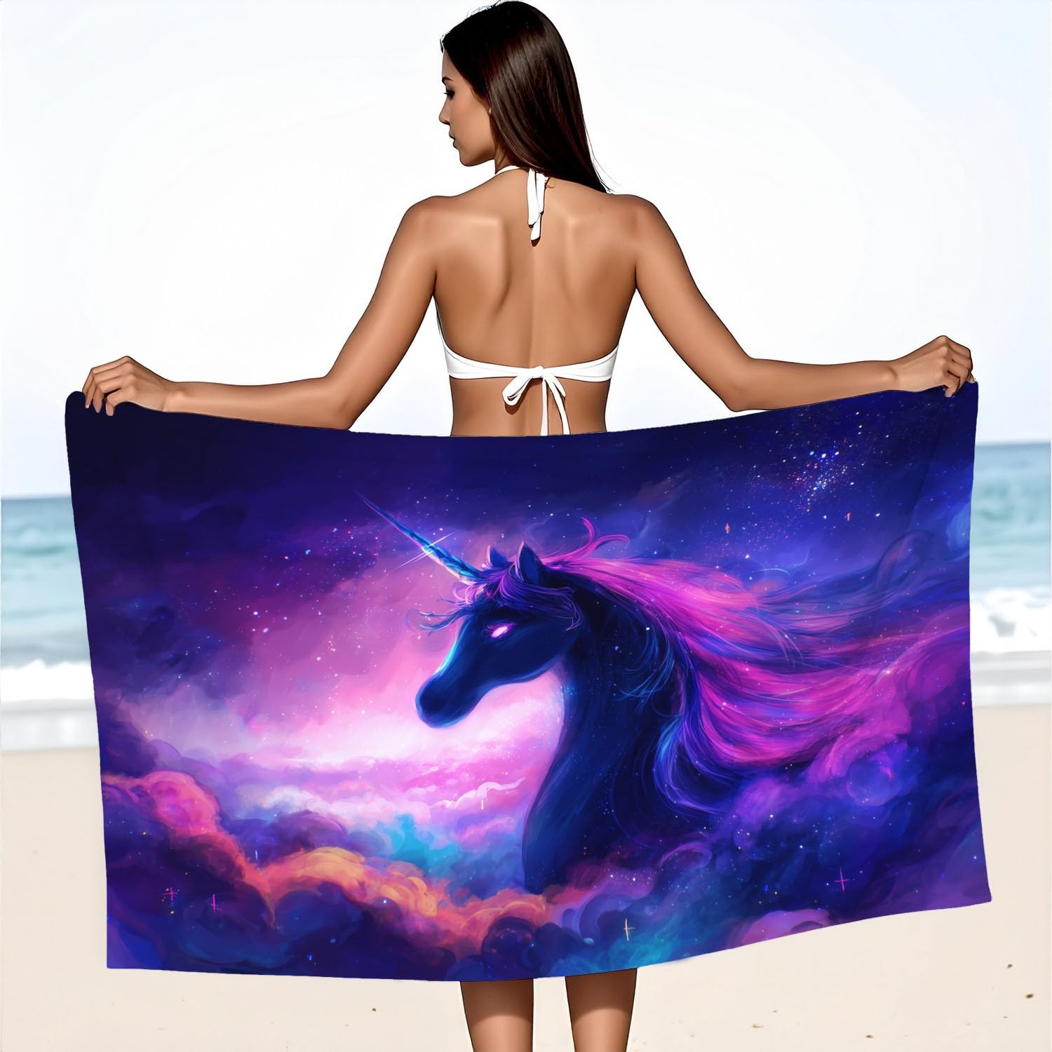 Drap de Plage Anti Sable Sechage Rapide 200 cm x 100 cm Rêveur Fantaisie Serviette de Plage Microfibre Élégant Mystérieux Espace Nébuleuse Animaux Licorne Absorbante Super Couverture de Plage