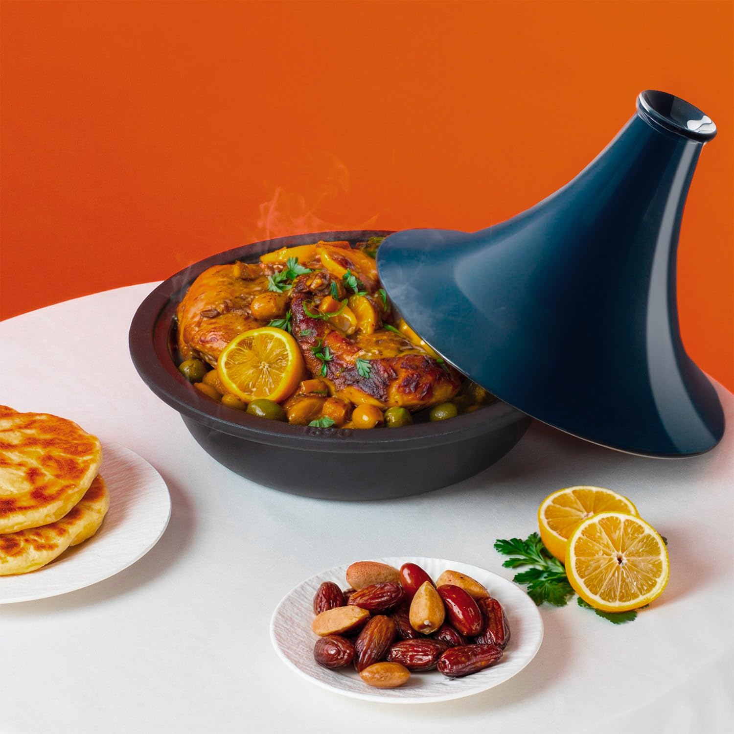 Tajine aus emailliertem Gusseisen TINGHIR, Schüssel, Deckel, Tajines und Couscous, Kapazität 2,5 L, Blau