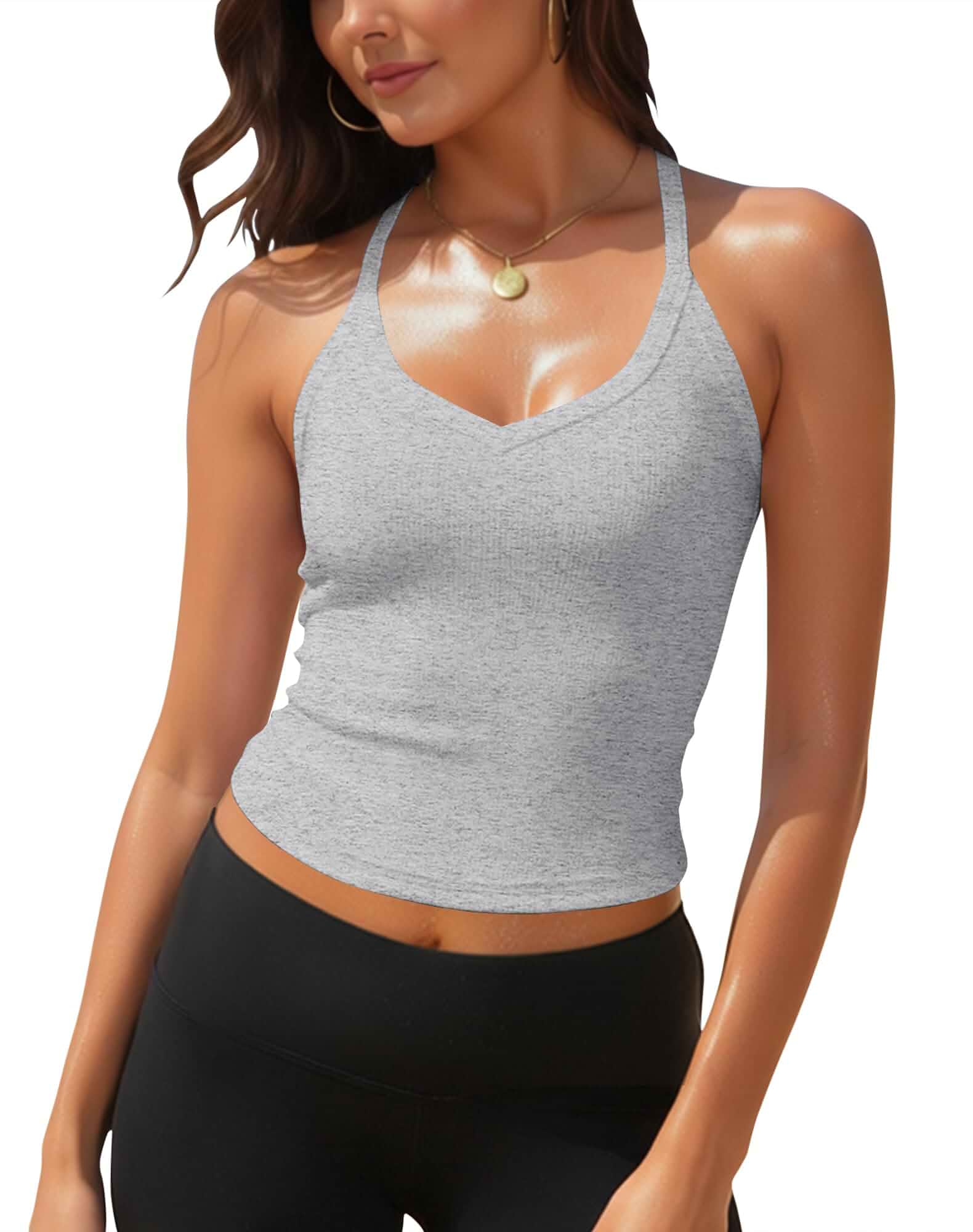 GEMBERA Womens Sleeveless Cropped Top Front V Neck Racerback Ribbed Knit Basic Cami Halter Tank Top Shirt