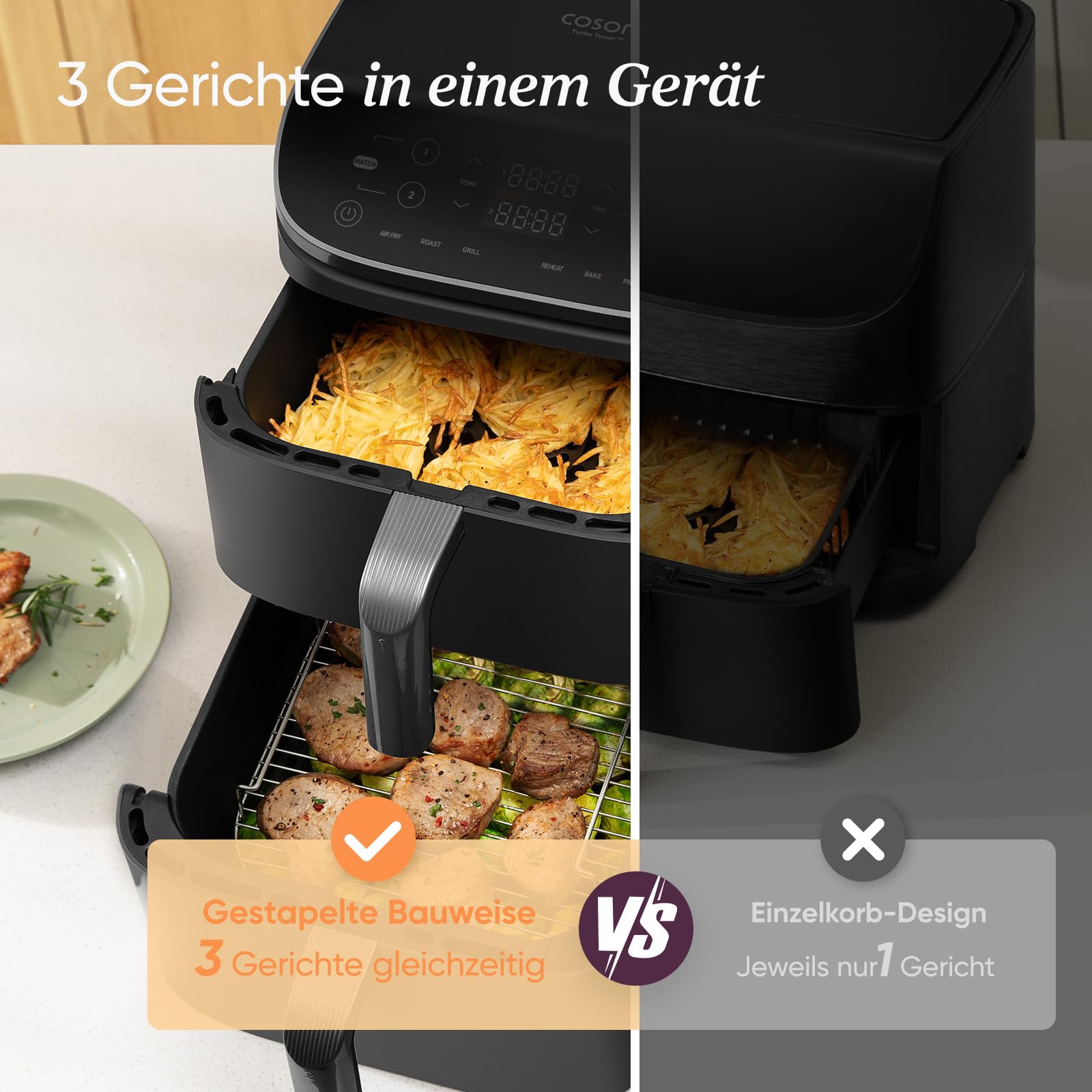 COSORI Heißluftfritteuse 2 Kammern 10,8 L Silbergrau mit Rezeptbuch und Edelstahl-Rost