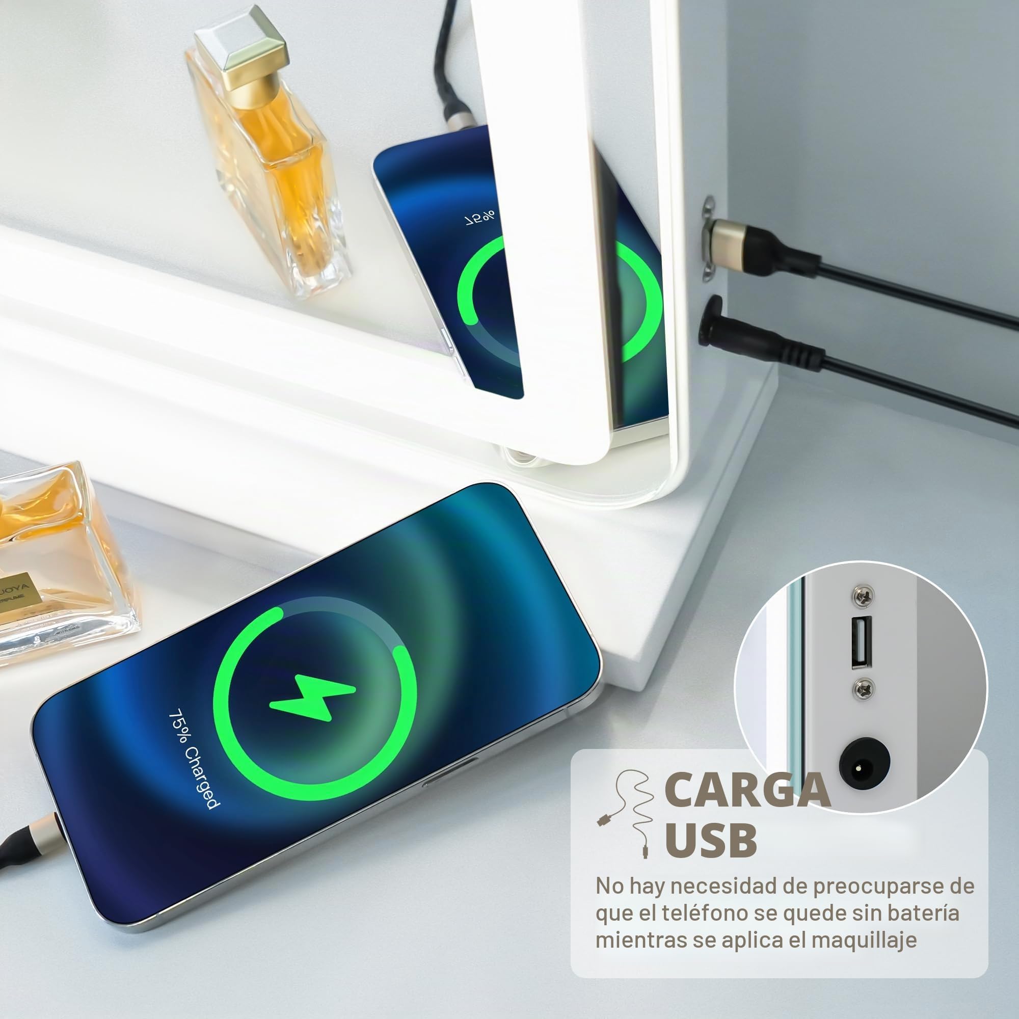 LuxeVue Espejo de tocador grande con luces, espejo de maquillaje de 23 x 19 pulgadas, espejo Hollywood con 3 modos de color, sensor táctil, espejo de zoom 15x de 3.5 pulgadas, diseño de carga USB