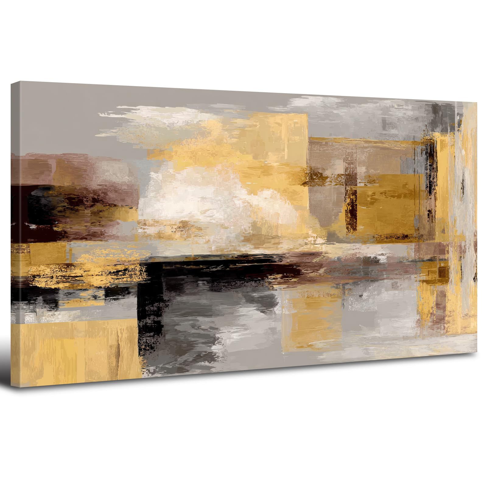 AREBOLO Grande Tableau Décorative Abstrait 50x100 cm - Affiches Impression sur Toile Moderne - Décoration Murale pour Salon et Chambre Or Jaune - Noir Beige - Abstraction Décoration Murale Luxe