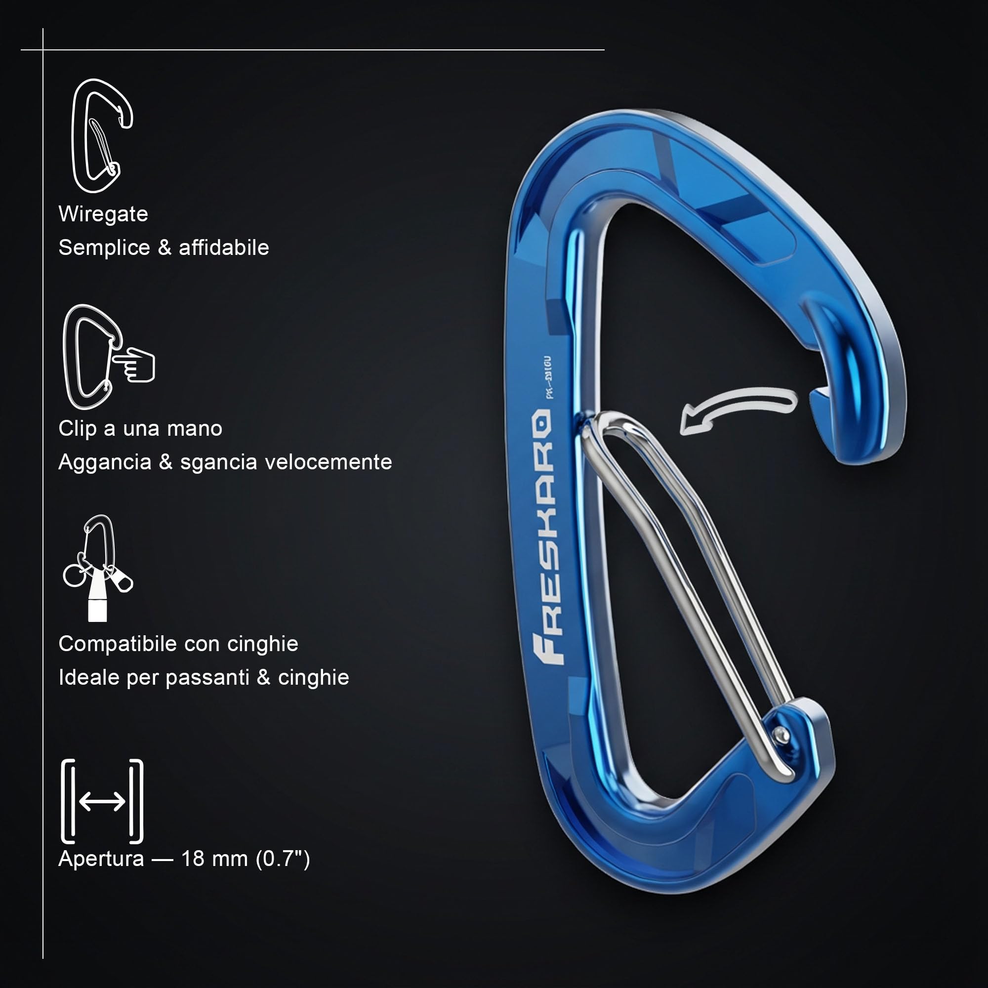 FresKaro Moschettone Wiregate, Resistenza alla Trazione 15kN-1529kg, 7075 Alluminio Aeronautico, Ultralight e Senza Ruggine, Robusta Clip per Portachiavi, Accessori edc, Camp, Pesca, All'aperto, Zaino ecc., Grandi (5 Colori a Scelta)