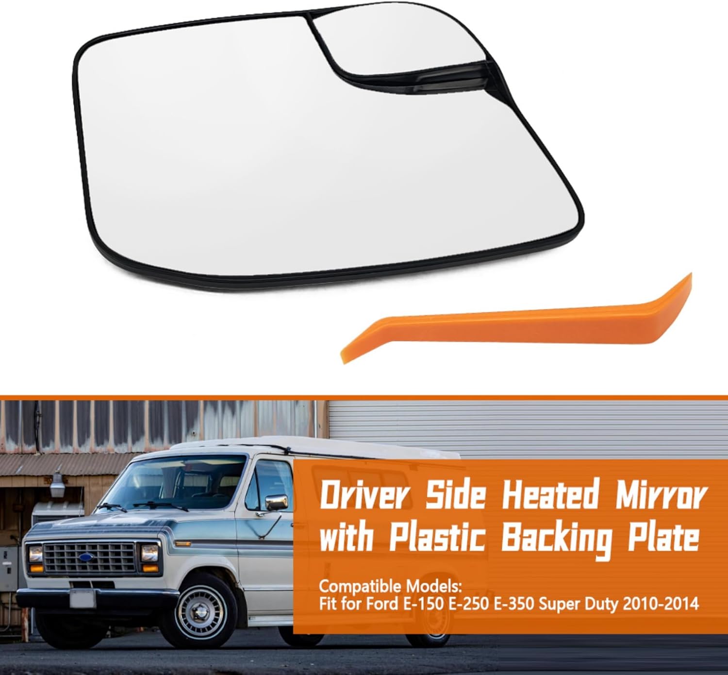 Driver Side Mirror with Plastic Backing Plate Fit for Ford E-150 E-250 E-350 Super Duty 2010-2014, Replace AC2Z17K707B, Blind Spot Lens