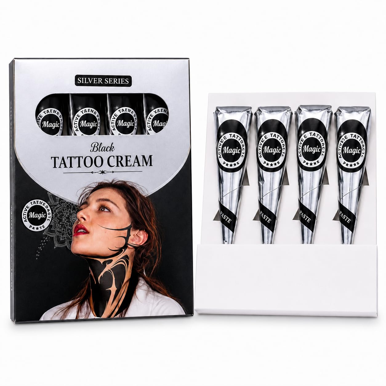 Temporary Tattoo Black For Body Art/Body Paint with Stencil – Water-Resistant Temporary Body Tattoos Cone Kit For Festivals - Halloween, Tattoo Freckles, ⁠Fake tattoos Black Ink Pack of 4 Pcs