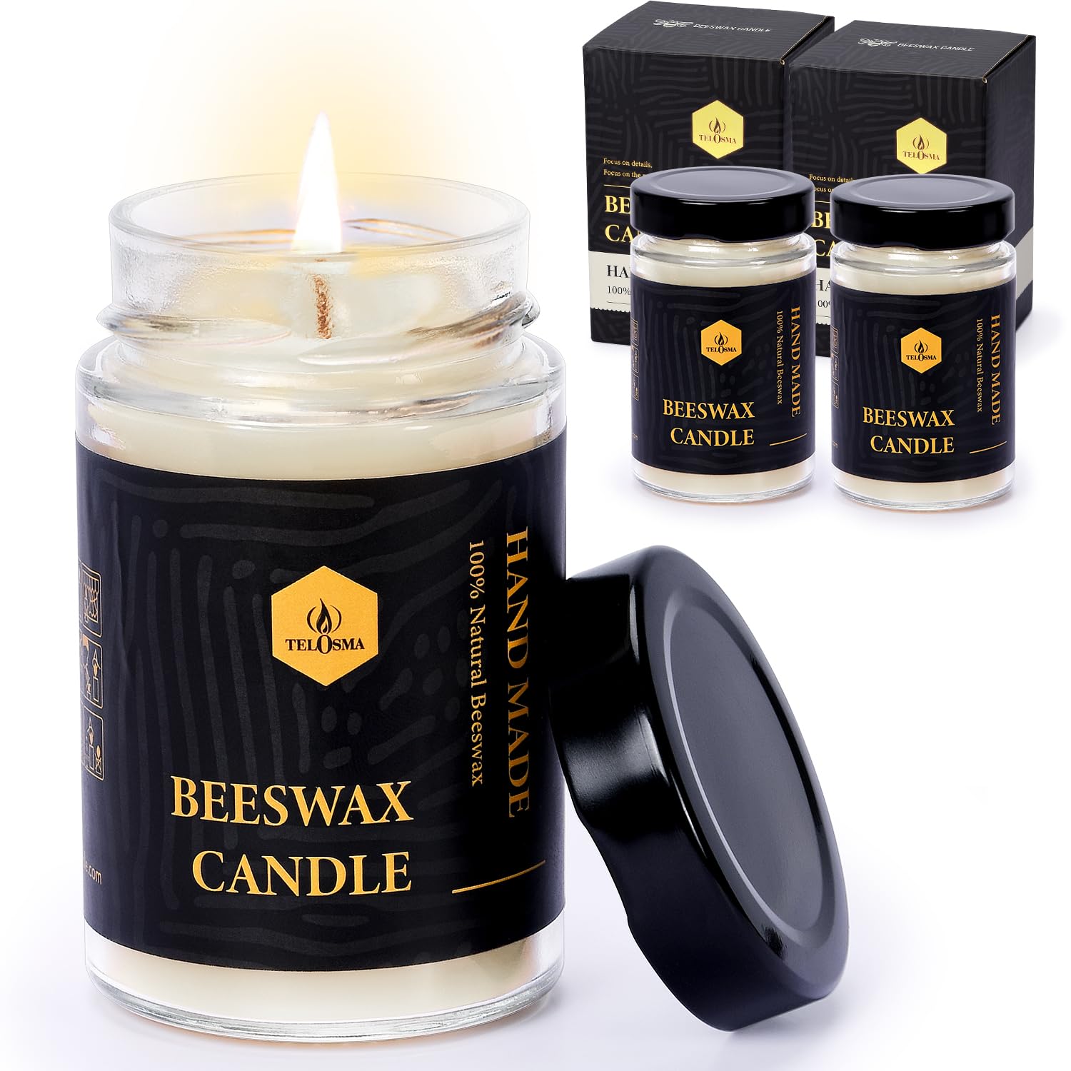 TELOSMA Set of 2 Beeswax Candle in Glass Container, Natural Organic Jar Candle Smokeless Clean Burn | 36 * 2 Hours Burning Time, White